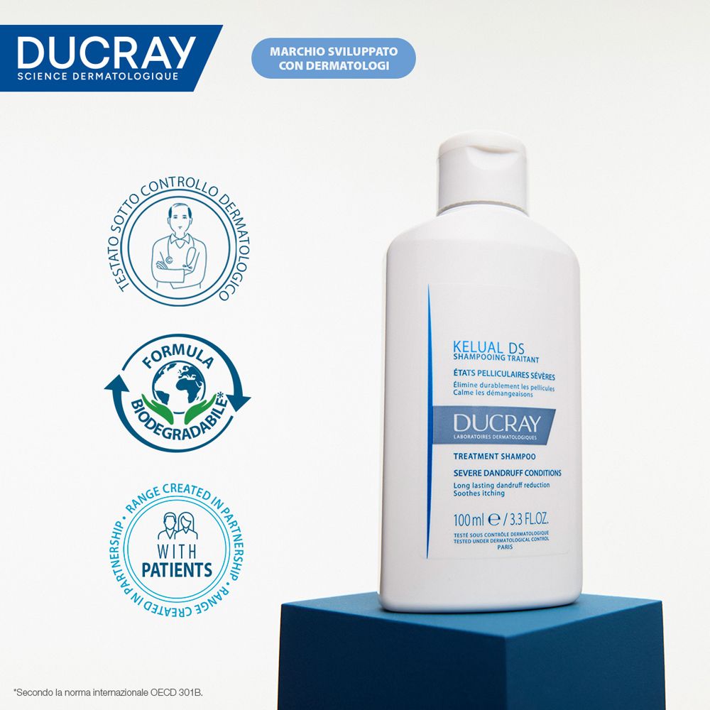 Produktflasche. Text: KELUAL DS, Shampooing Traitant, 100 ml. Marke: DUCRAY. Siegel.