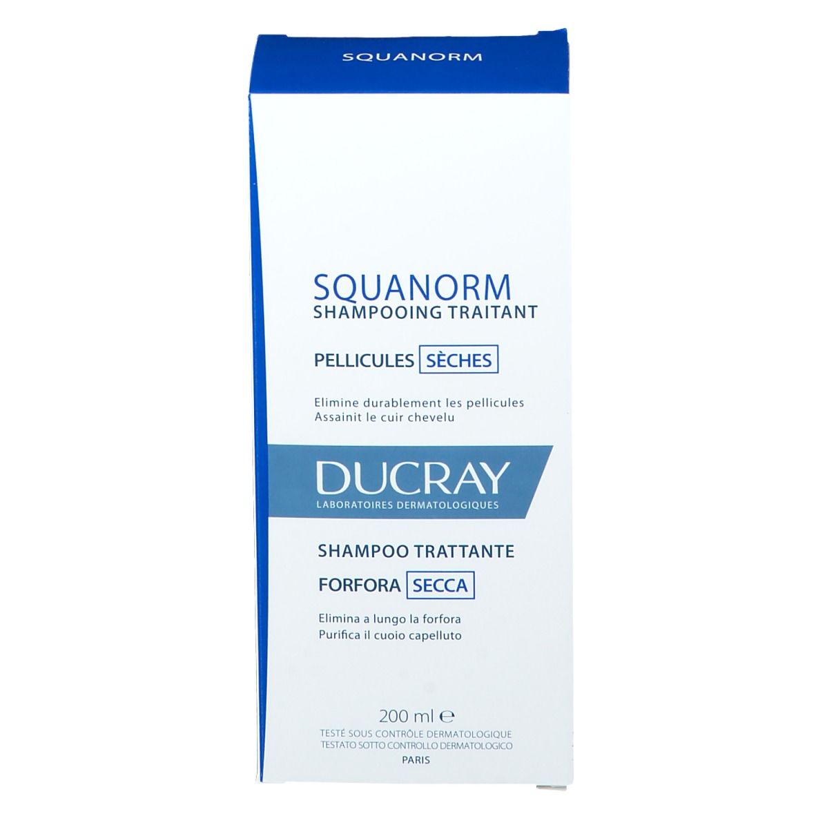 Boîte blanche. Inscription : SQUANORM, DUCRAY, shampooing traitant, pellicules sèches. 200 ml.