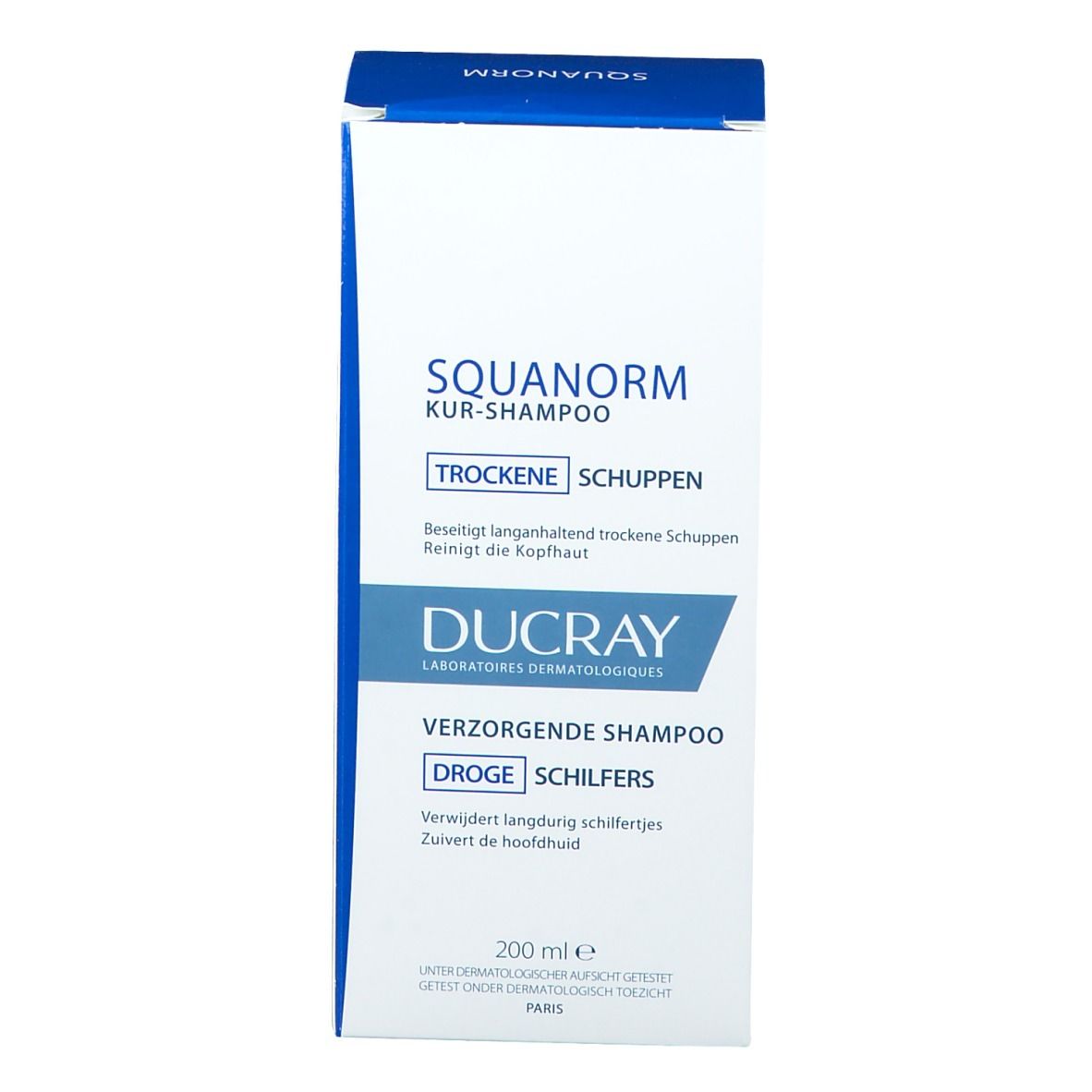 Boîte blanche. Inscription : SQUANORM, DUCRAY, shampooing traitant, pellicules sèches. 200 ml.