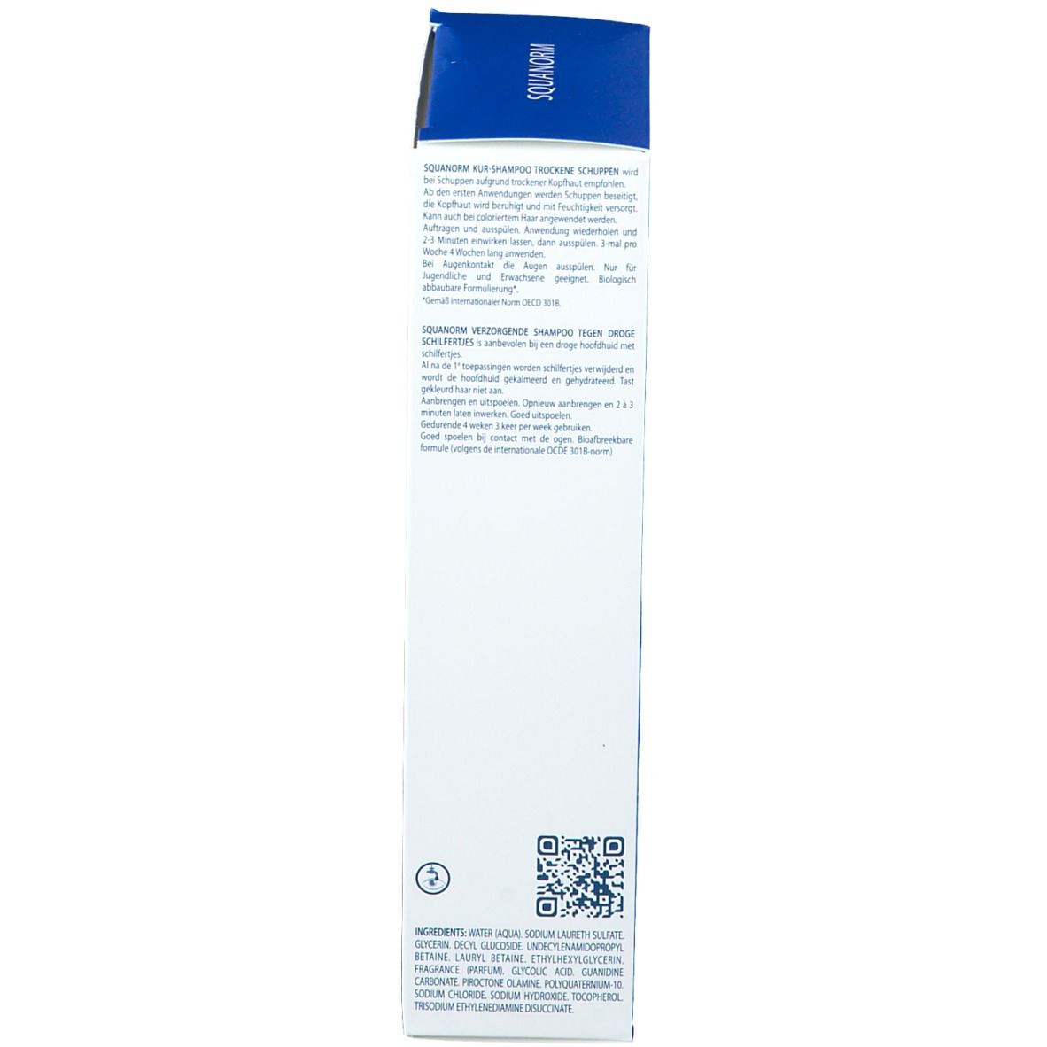 Dos de la boîte. Texte : instructions d'utilisation, ingrédients, informations fabricant. Code QR.