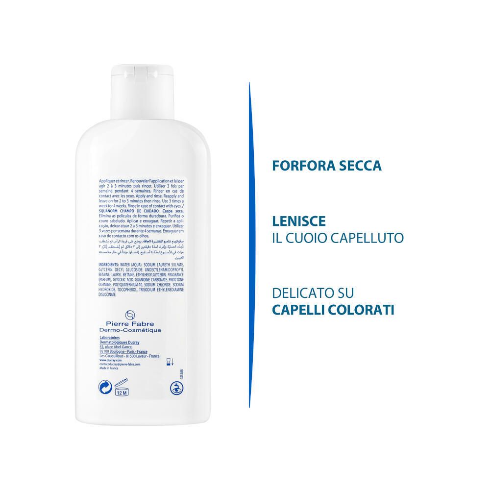 Dos du flacon de shampooing. Texte : instructions d'utilisation, ingrédients, informations fabricant. Logos.