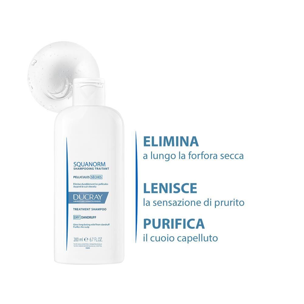 Flacon de shampooing blanc avec étiquette bleue. Texte : SQUANORM, DUCRAY, pellicules sèches. Avantages : élimine, apaise, purifie.