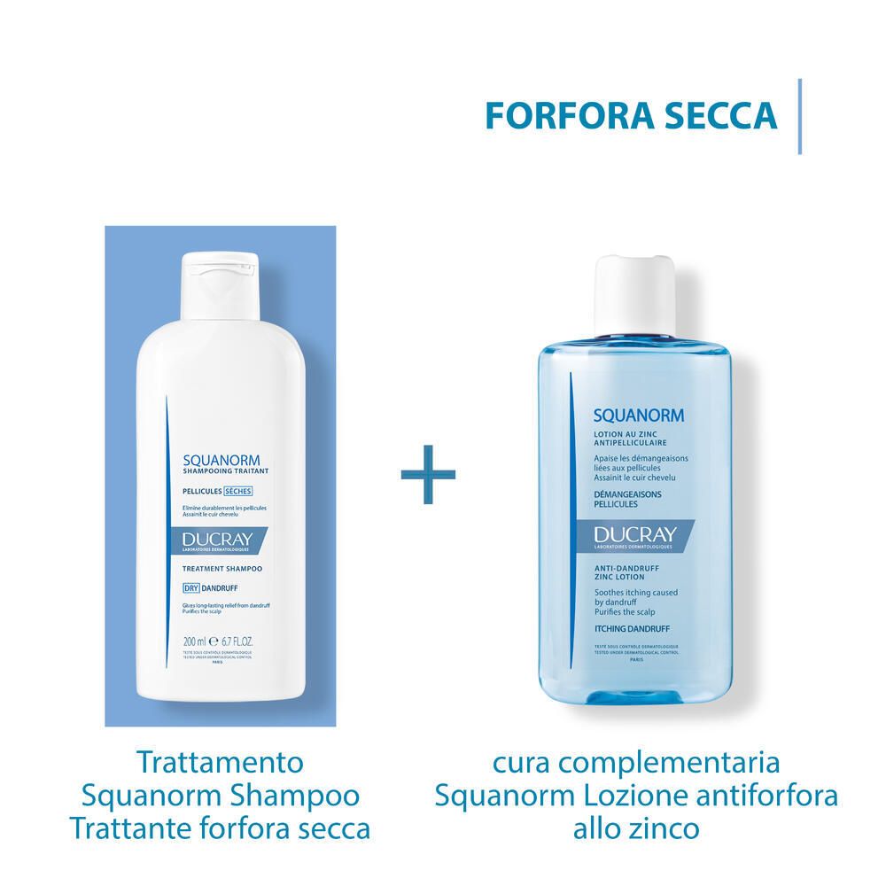 Deux produits : shampooing et lotion SQUANORM. Texte : traitement, pellicules sèches, soin complémentaire.
