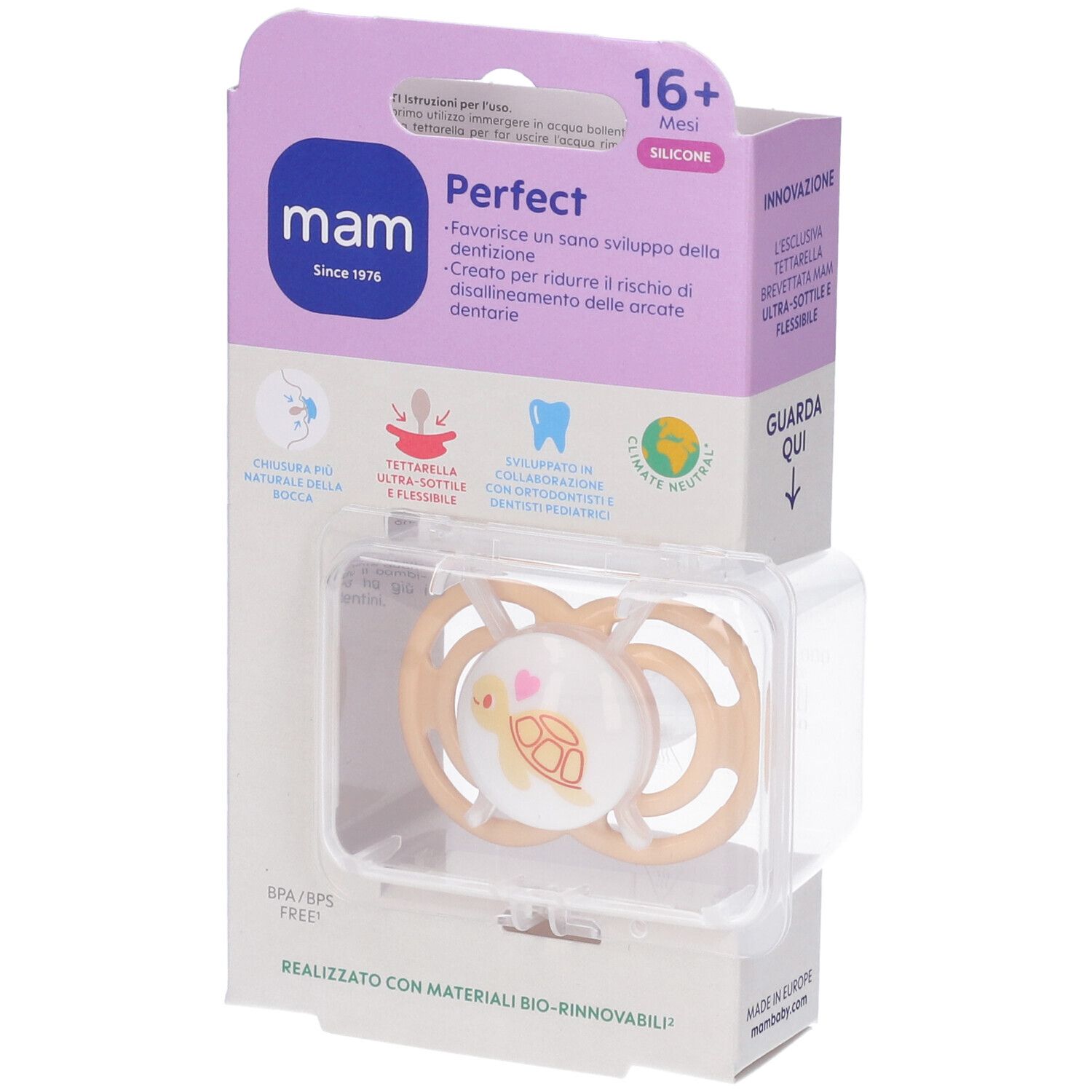 Succhietto MAM Perfect 16+ in confezione. Tettarella beige con motivo tartaruga. Confezione con informazioni sul prodotto.