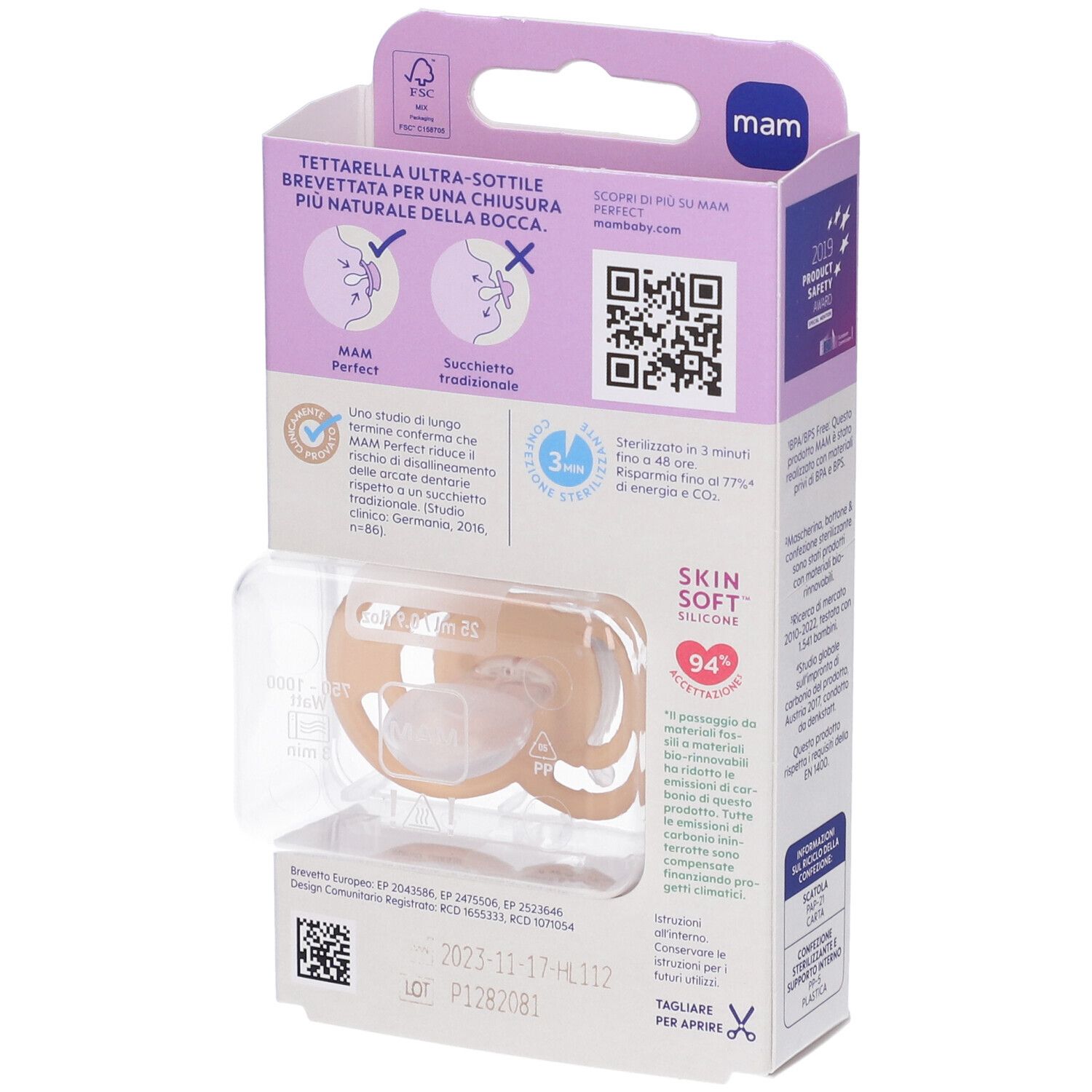 Retro della confezione del succhietto MAM Perfect 16+. Informazioni sul prodotto, codice QR e certificazioni.
