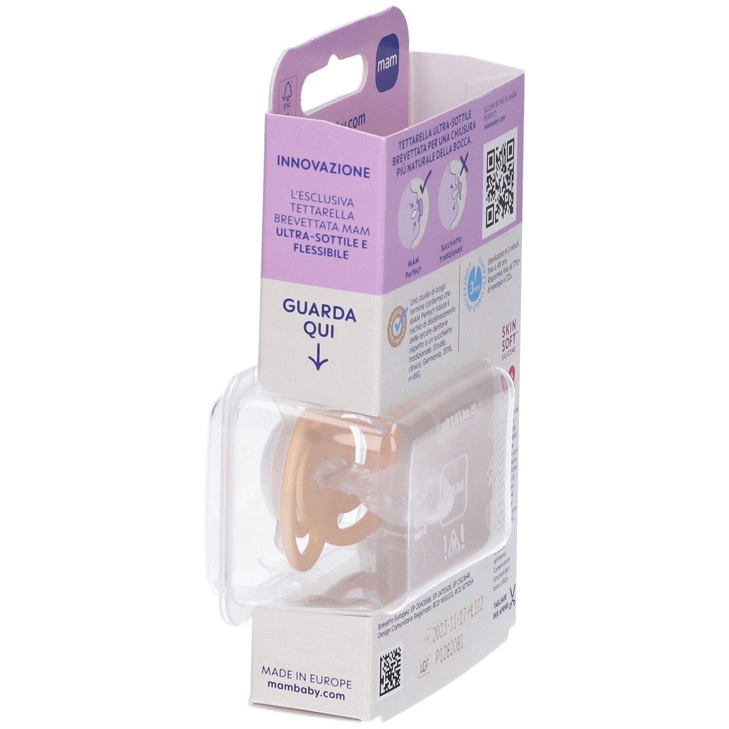 Confezione con succhietto MAM Perfect 16+. Informazioni sul prodotto, logo e codice QR.