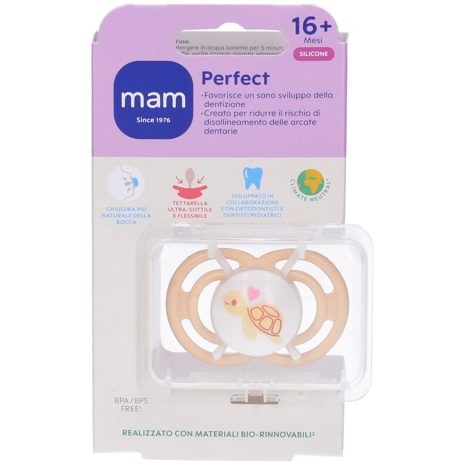 Succhietto MAM Perfect 16+ in confezione. Tettarella beige con motivo tartaruga. Confezione con informazioni.