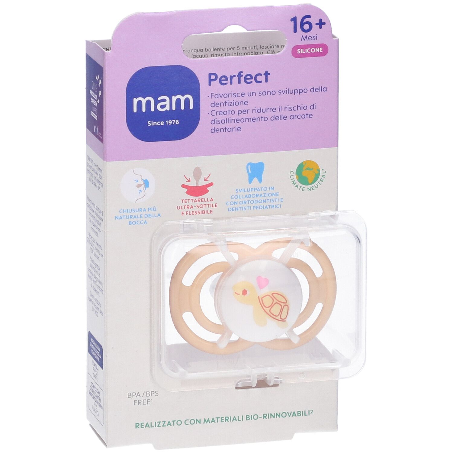 Succhietto MAM Perfect 16+ in confezione. Tettarella beige con motivo tartaruga. Confezione con informazioni.