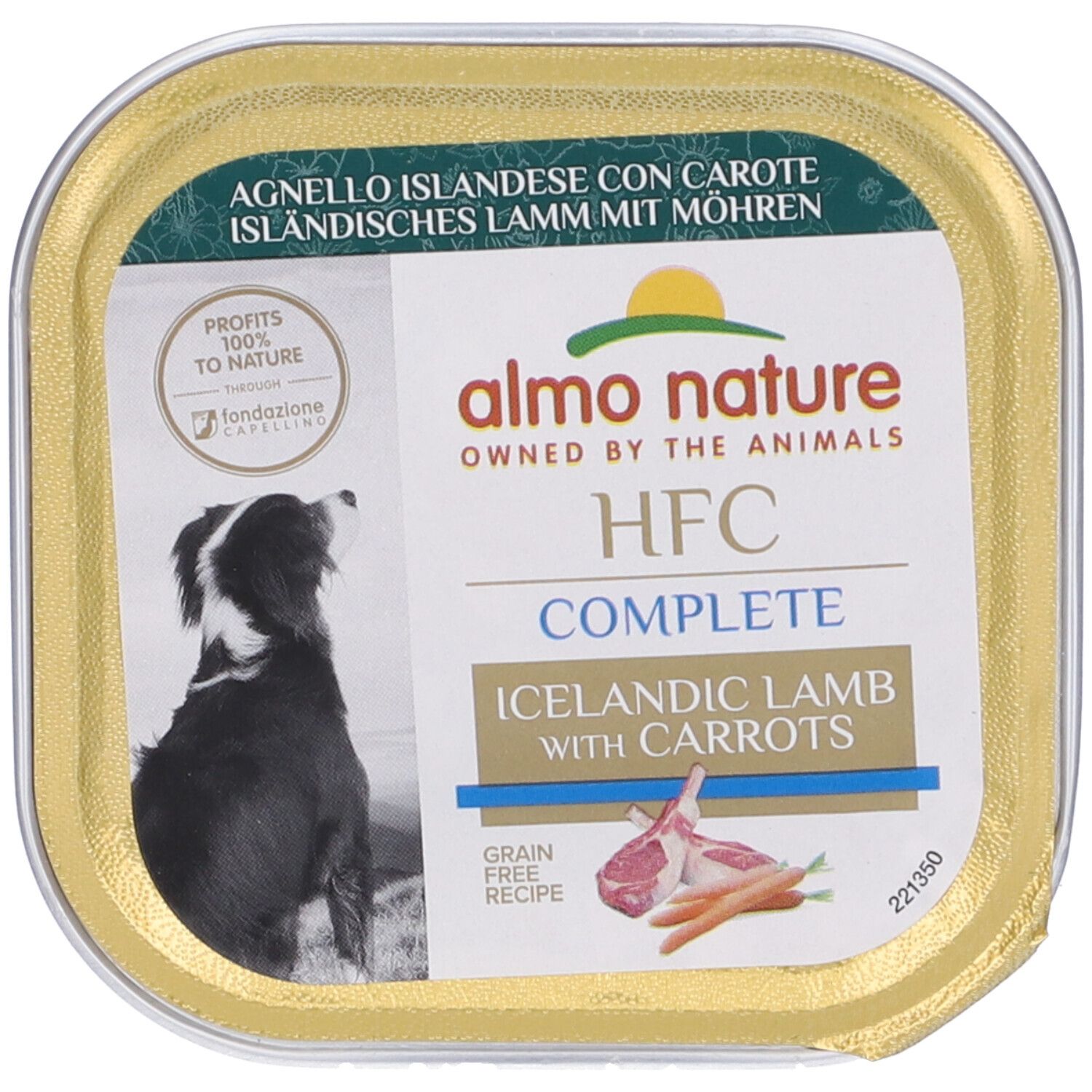 Almo Nature HFC Complete Agnello Islandese con Carote. Scatola per cani, informazioni sul prodotto e logo.