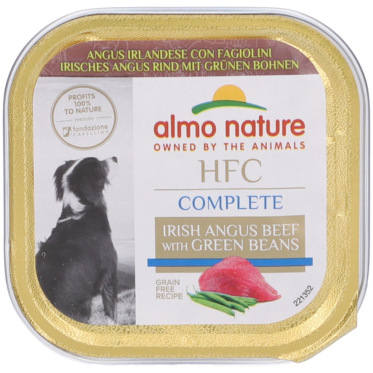 Almo Nature HFC Complete, Angus irlandese con fagiolini. Logo, testo, cane. Confezione.