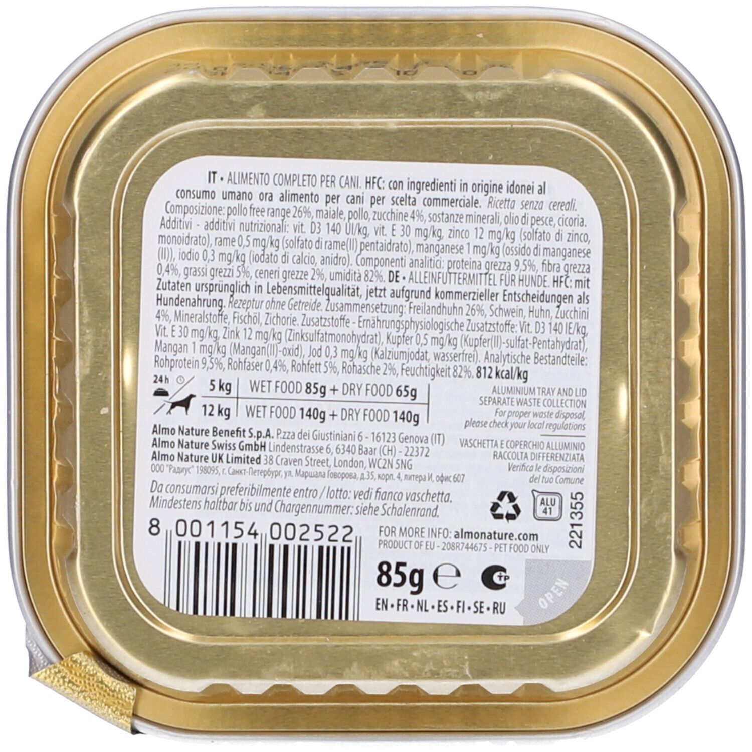 Retro della confezione Almo Nature HFC Complete Pollo Free Range con Zucchine. Contiene informazioni e valori nutrizionali.