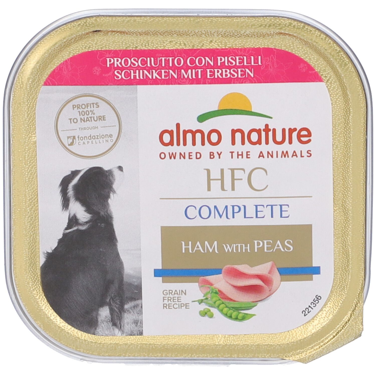 Scatola Almo Nature HFC Complete, prosciutto e piselli. Logo e testo. Cane che guarda in alto.