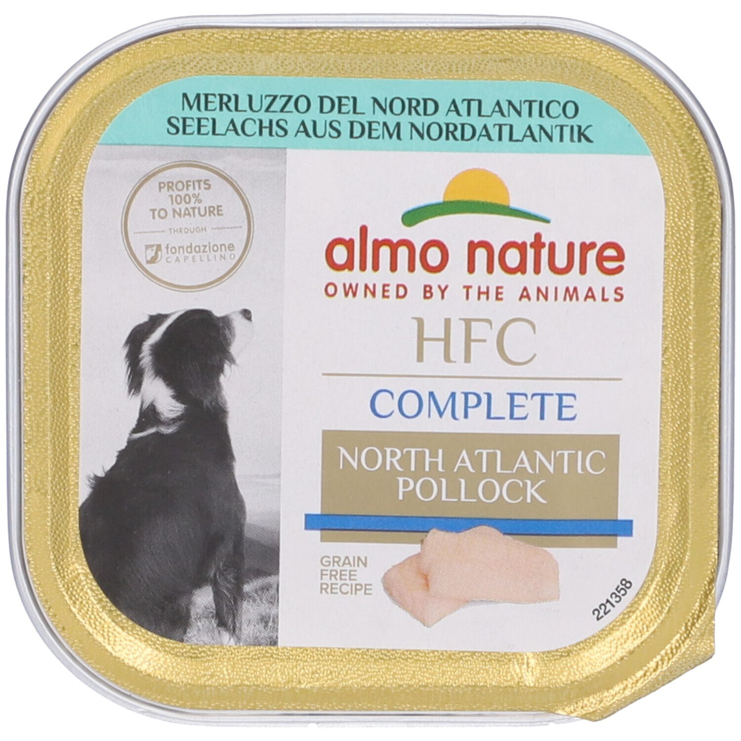 Confezione Almo Nature HFC Complete. Testo: Merluzzo del Nord Atlantico, North Atlantic Pollock. Logo e cane.