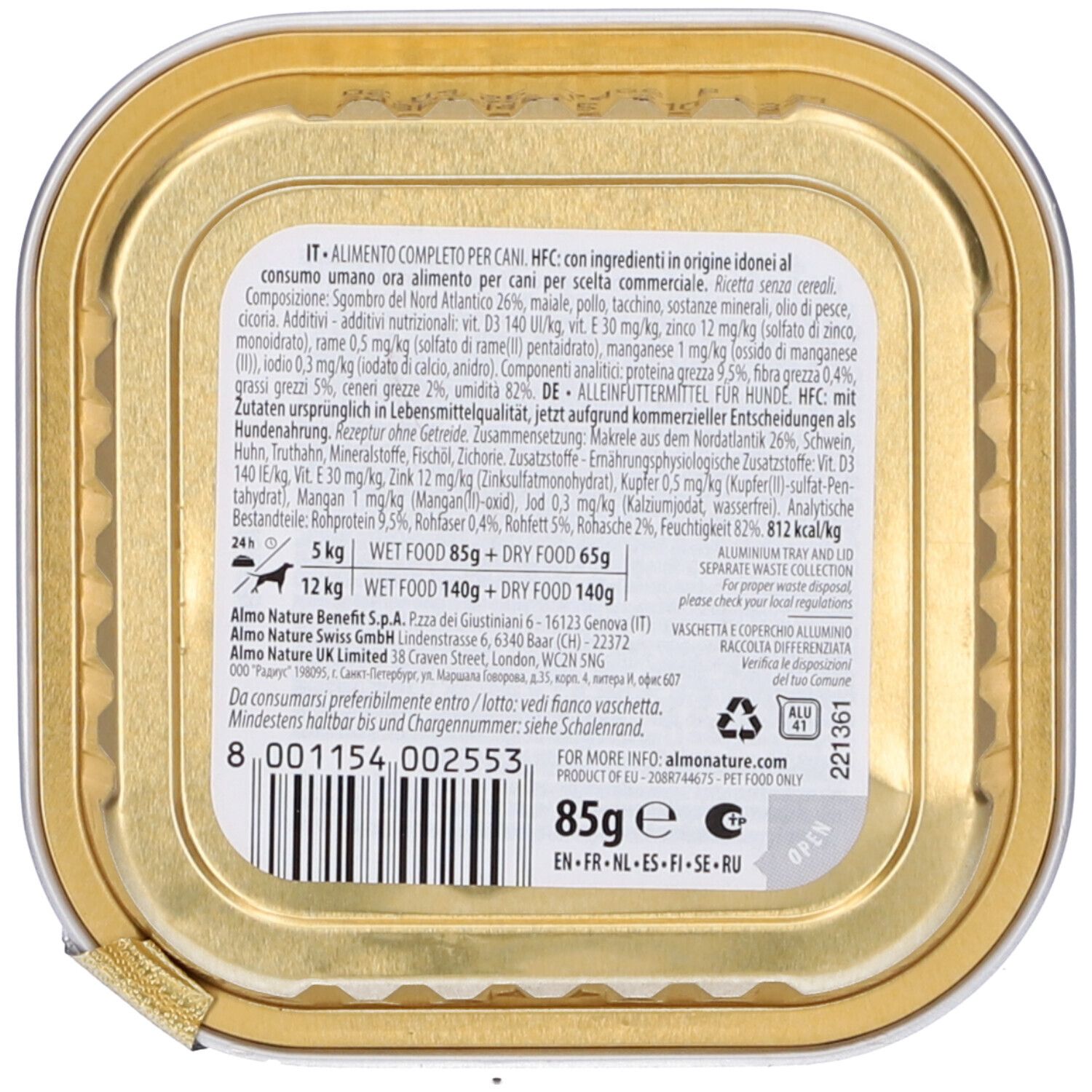 Retro della scatola Almo Nature HFC Complete. Testo: alimento per cani, ingredienti, informazioni nutrizionali, produttore, 85g.