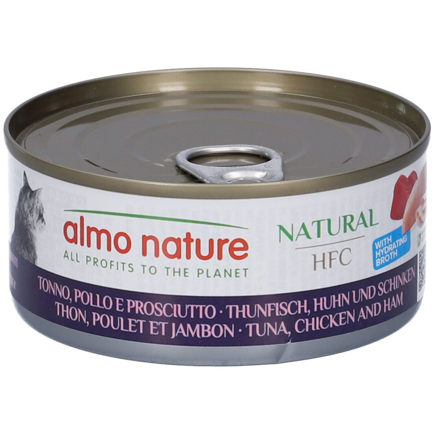 Runde Dose mit Deckel. Almo Nature-Etikett mit Text: Thunfisch, Huhn, Schinken. HFC-Zertifizierung. Abbildung von Fleisch.