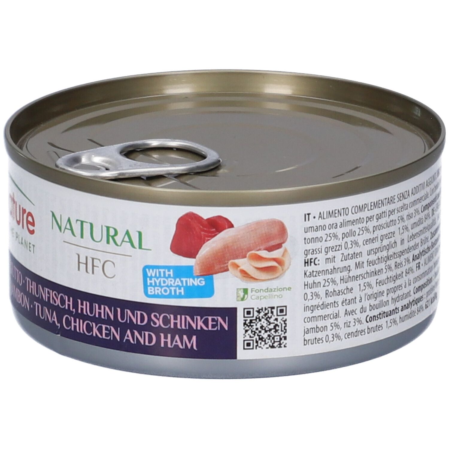 Dose mit Deckel. Almo Nature-Etikett mit Text: Thunfisch, Huhn, Schinken. HFC-Zertifizierung. Fleischstücke abgebildet.