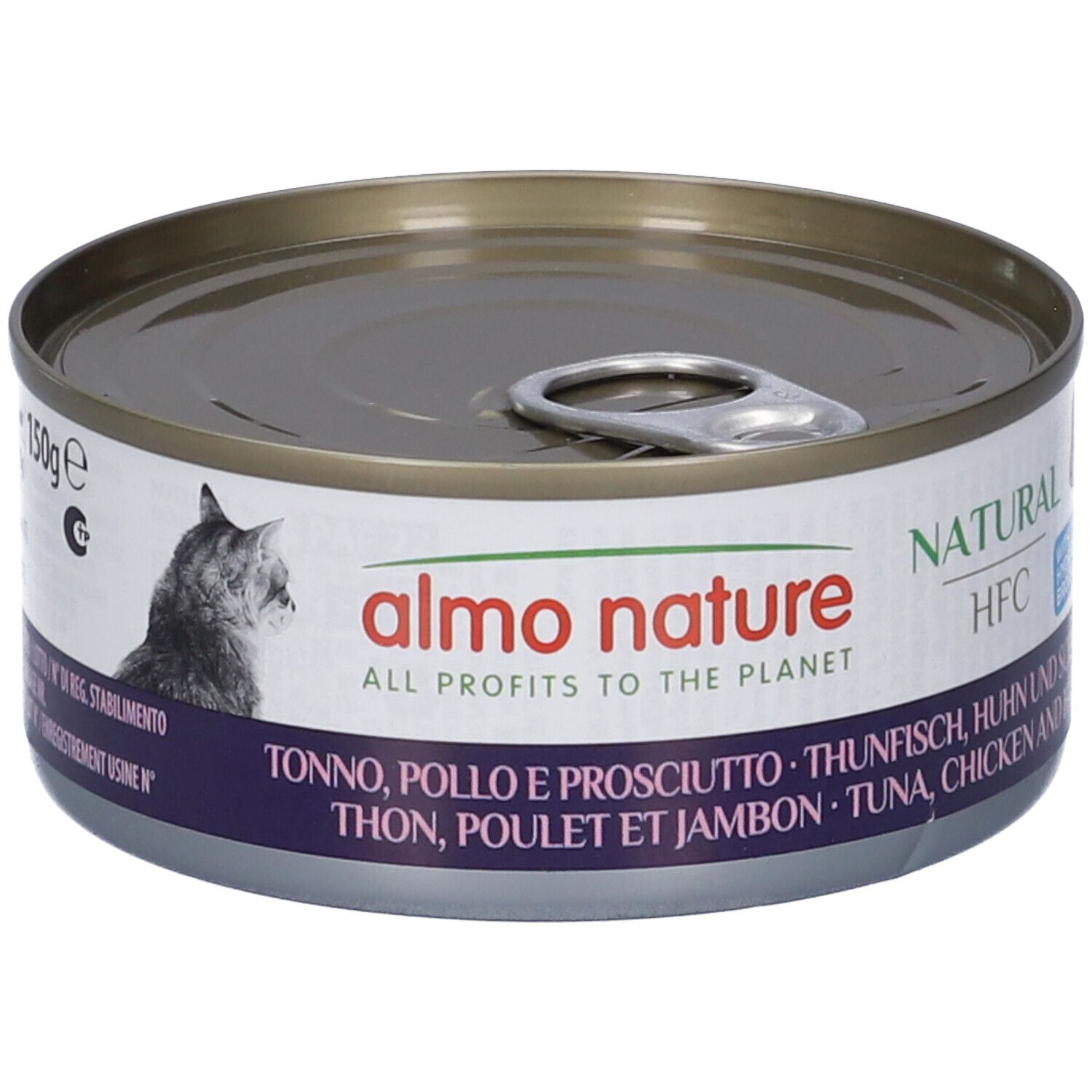 Runde Dose mit Deckel. Almo Nature-Etikett mit Katze, Text: Thunfisch, Huhn, Schinken. 150g. HFC-Zertifizierung.