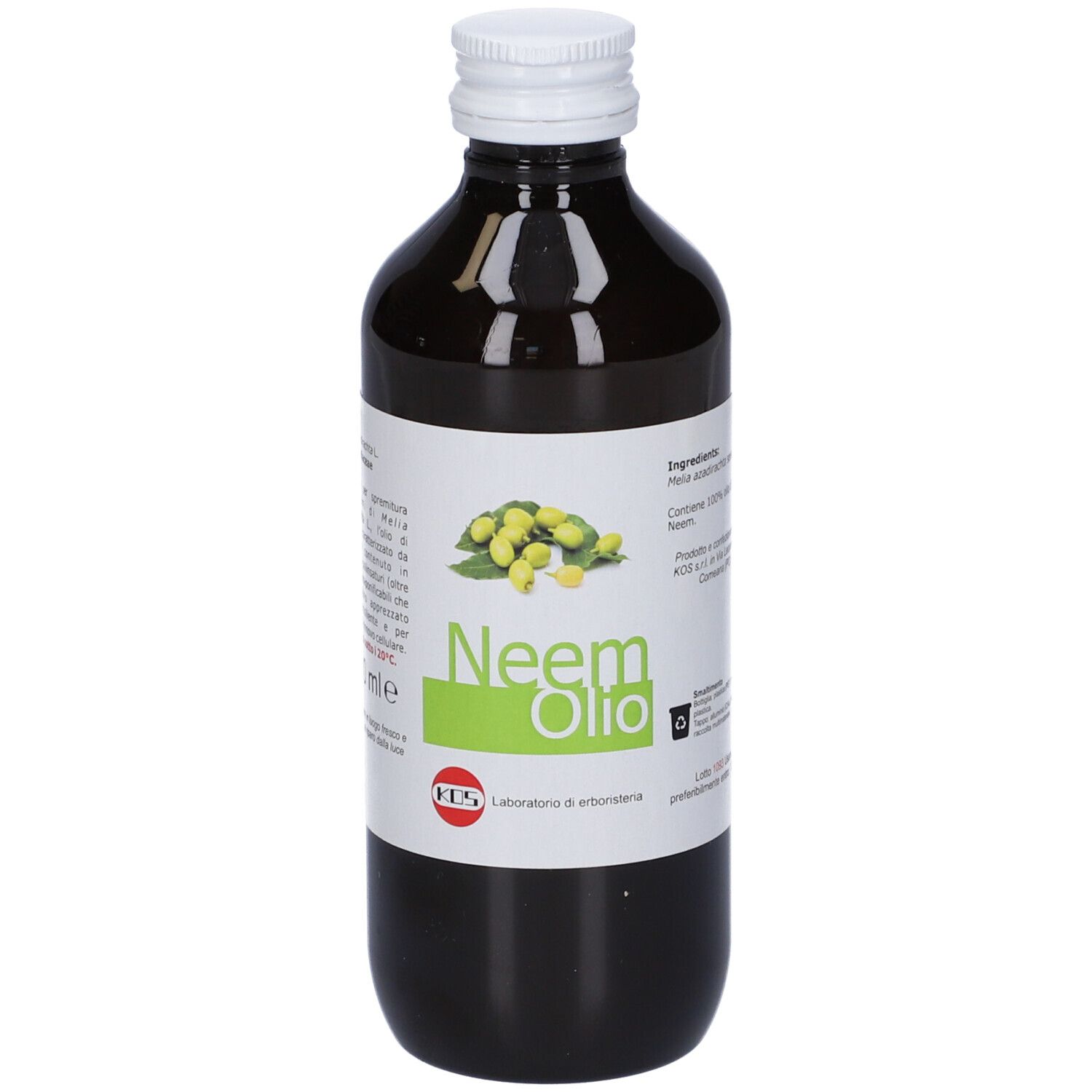 Bottiglia di vetro marrone con tappo bianco. Etichetta con campo verde e frutti gialli. Testo: Neem Olio.