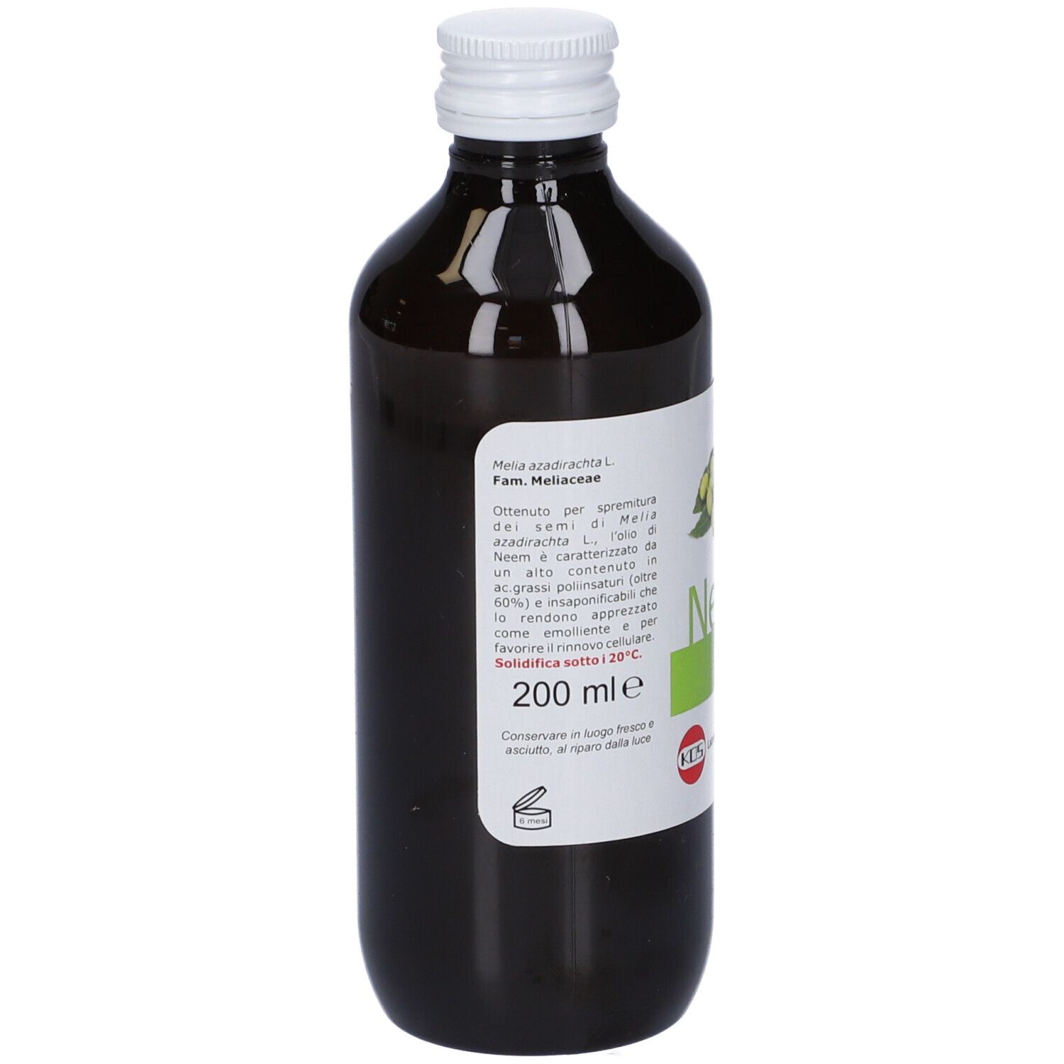 Bottiglia di vetro marrone con tappo bianco. Etichetta con testo e frutti gialli. Testo: Neem Olio, 200 ml.