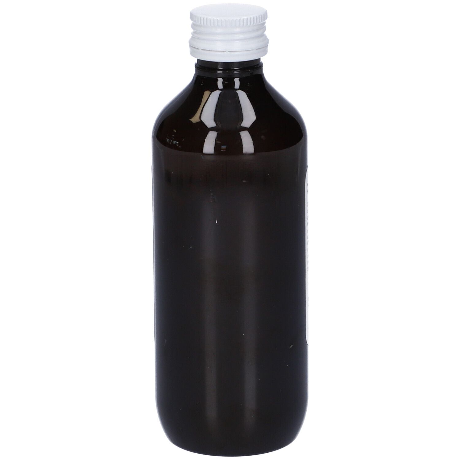 Bottiglia di vetro marrone con tappo bianco. Nessuna etichetta visibile. Liquido scuro all'interno.