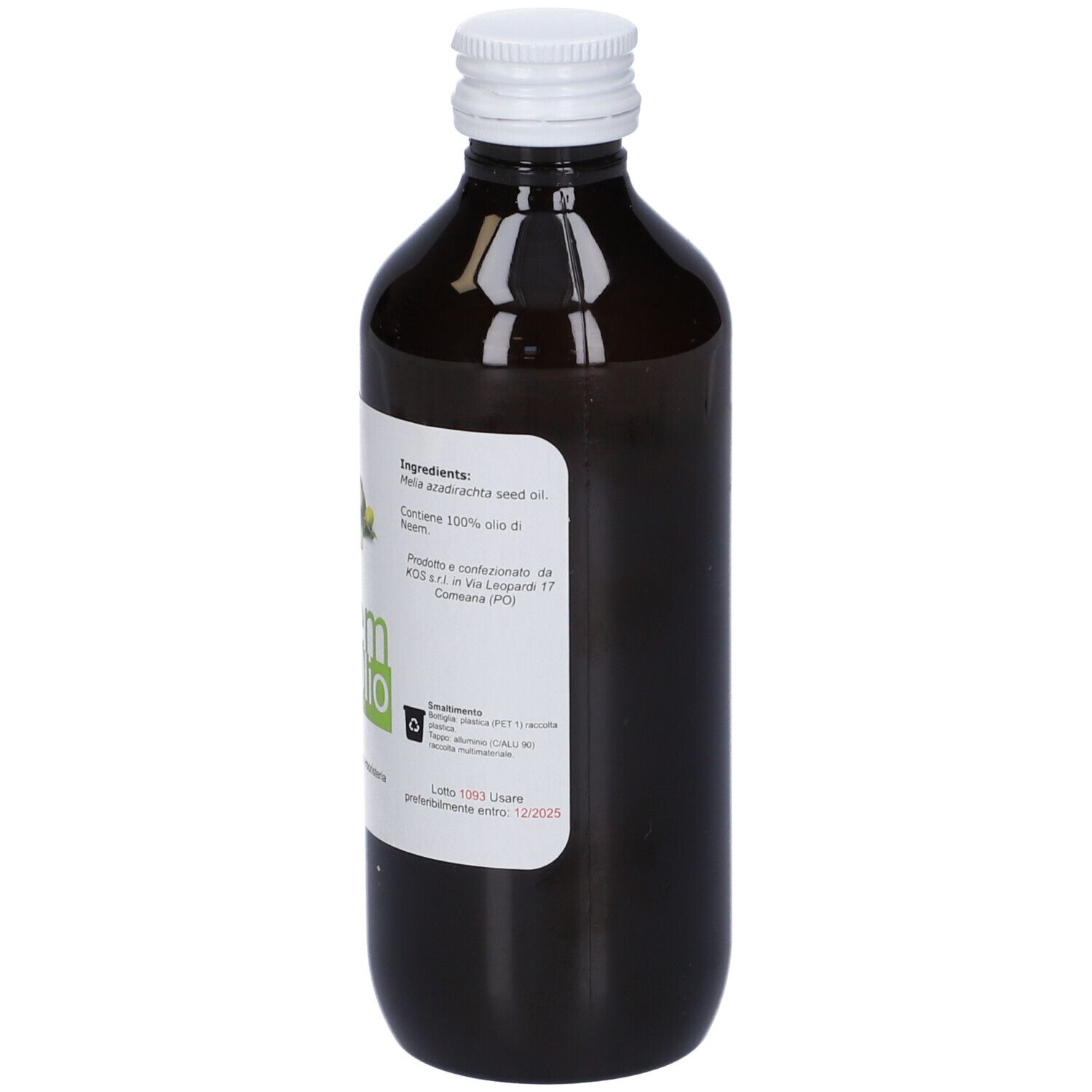 Bottiglia di vetro marrone con tappo bianco. Etichetta con testo. Testo: Neem Olio, 100% olio di neem.