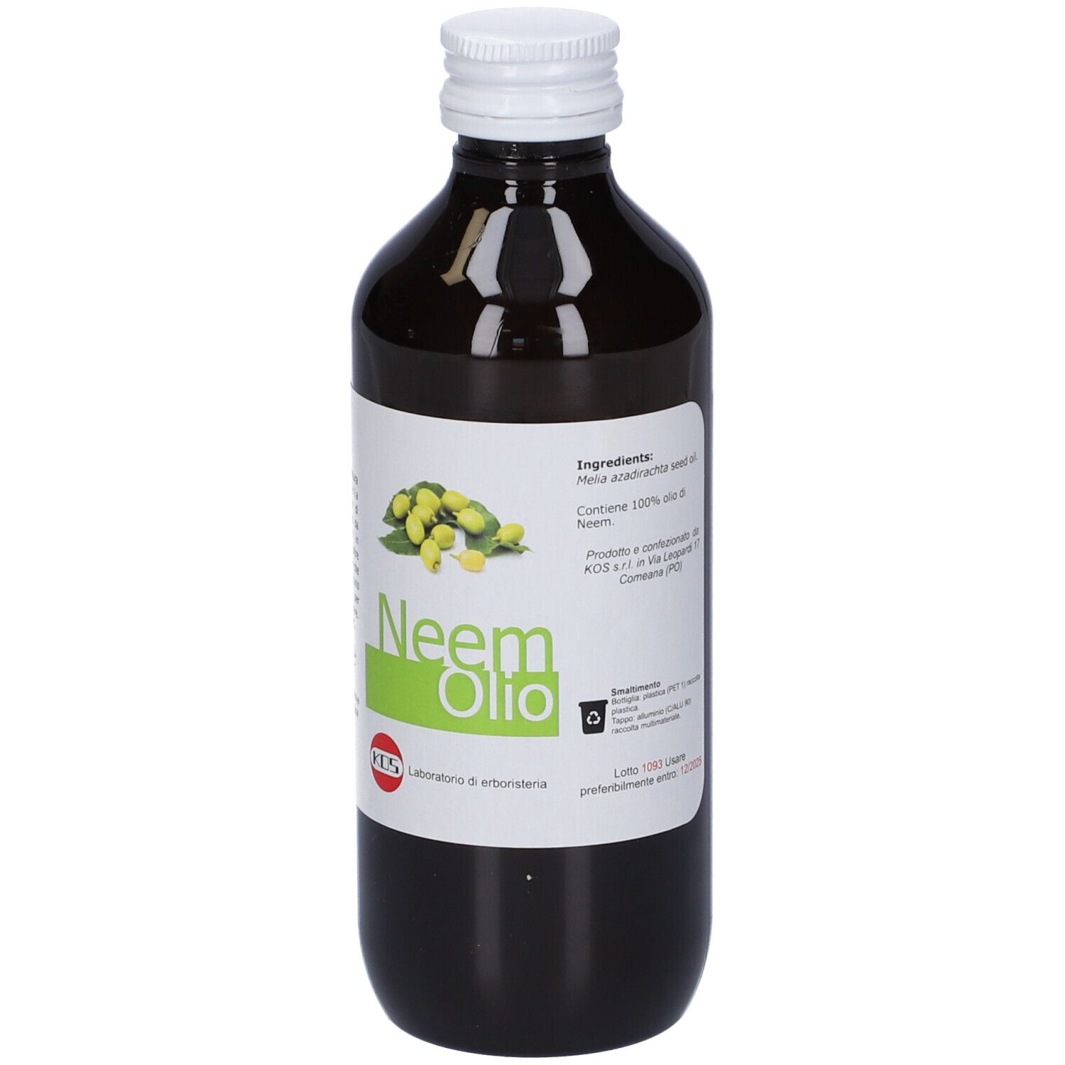 Bottiglia di vetro marrone con tappo bianco. Etichetta con testo e frutti gialli. Testo: Neem Olio.