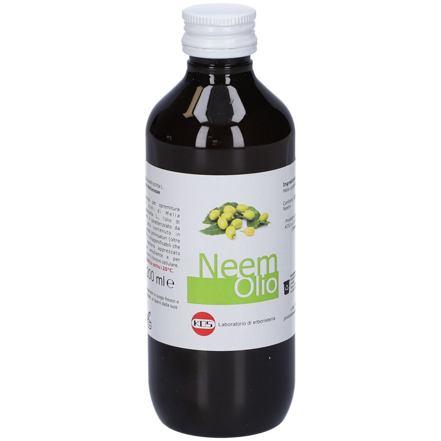 Bottiglia di vetro marrone con tappo bianco. Etichetta con testo e frutti gialli. Testo: Neem Olio, 200 ml.