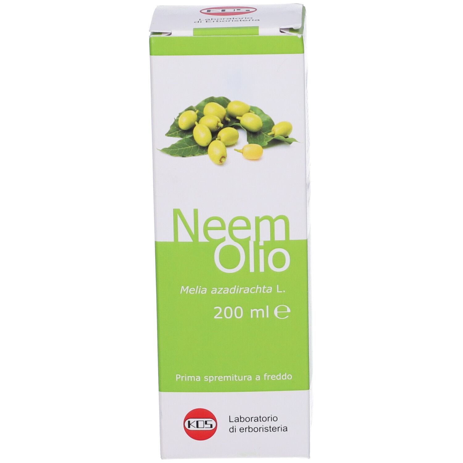 Confezione bianca del prodotto. Testo: Neem Olio, 200 ml. Illustrazione di frutti gialli e foglie.