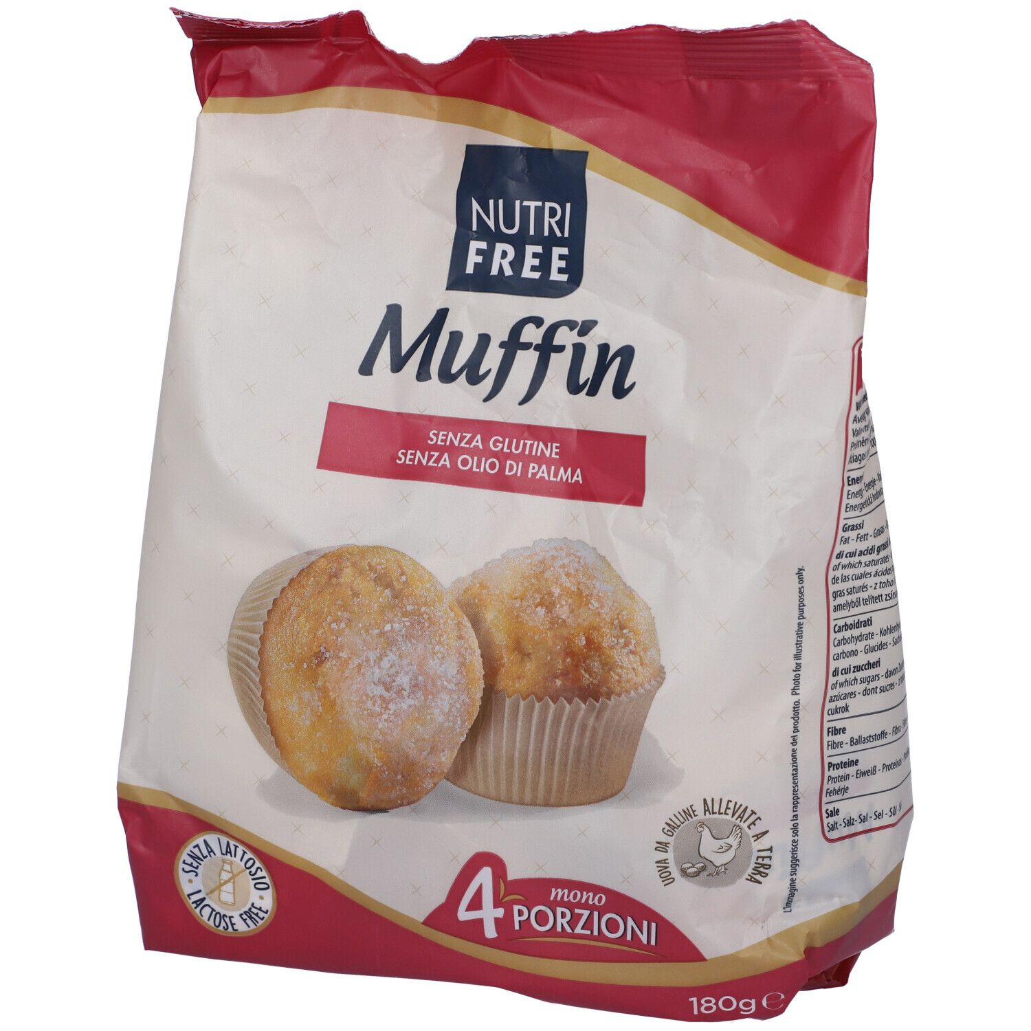 Confezione di muffin. Scritta: Nutrifree Muffin, senza glutine, senza olio di palma. 4 mono porzioni. 180g.