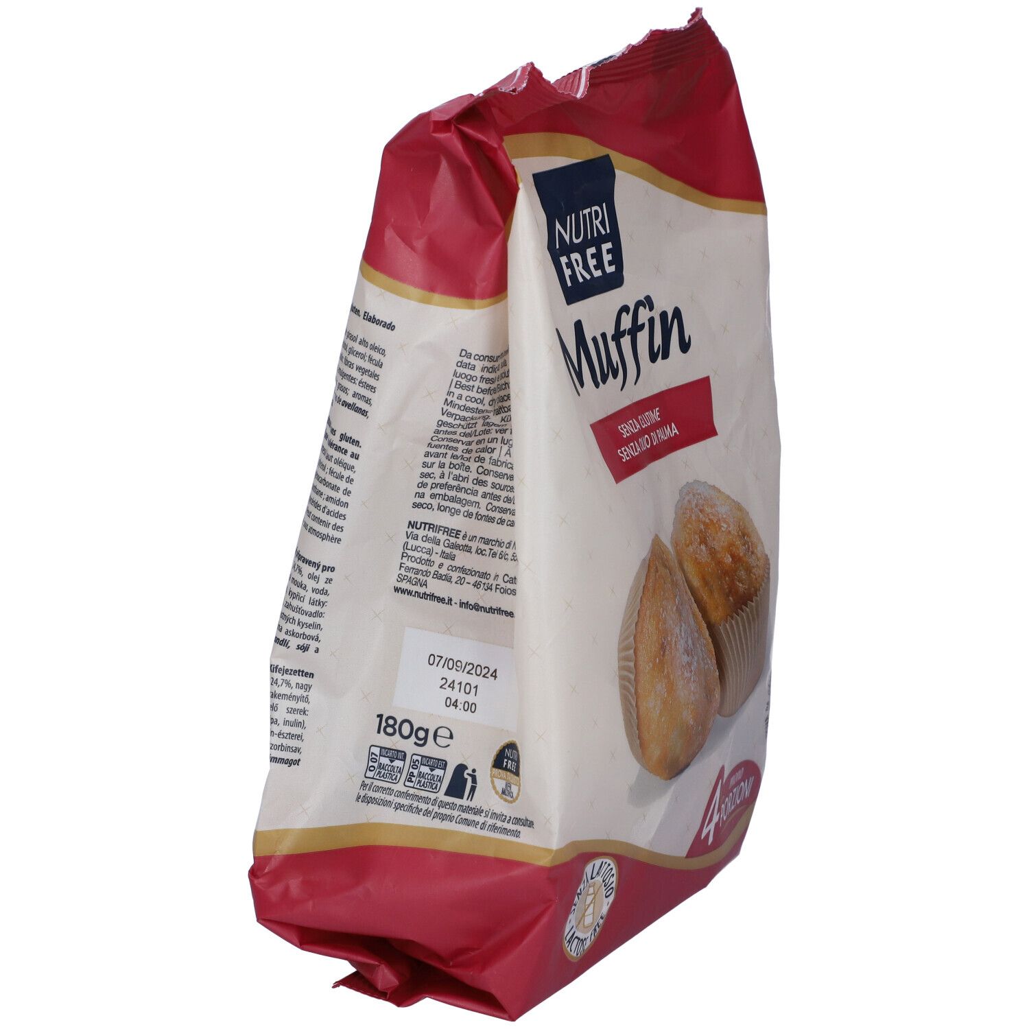 Confezione di Nutrifree Muffin. Scritta: senza glutine, senza olio di palma. 180g. 4 mono porzioni. Vista laterale.