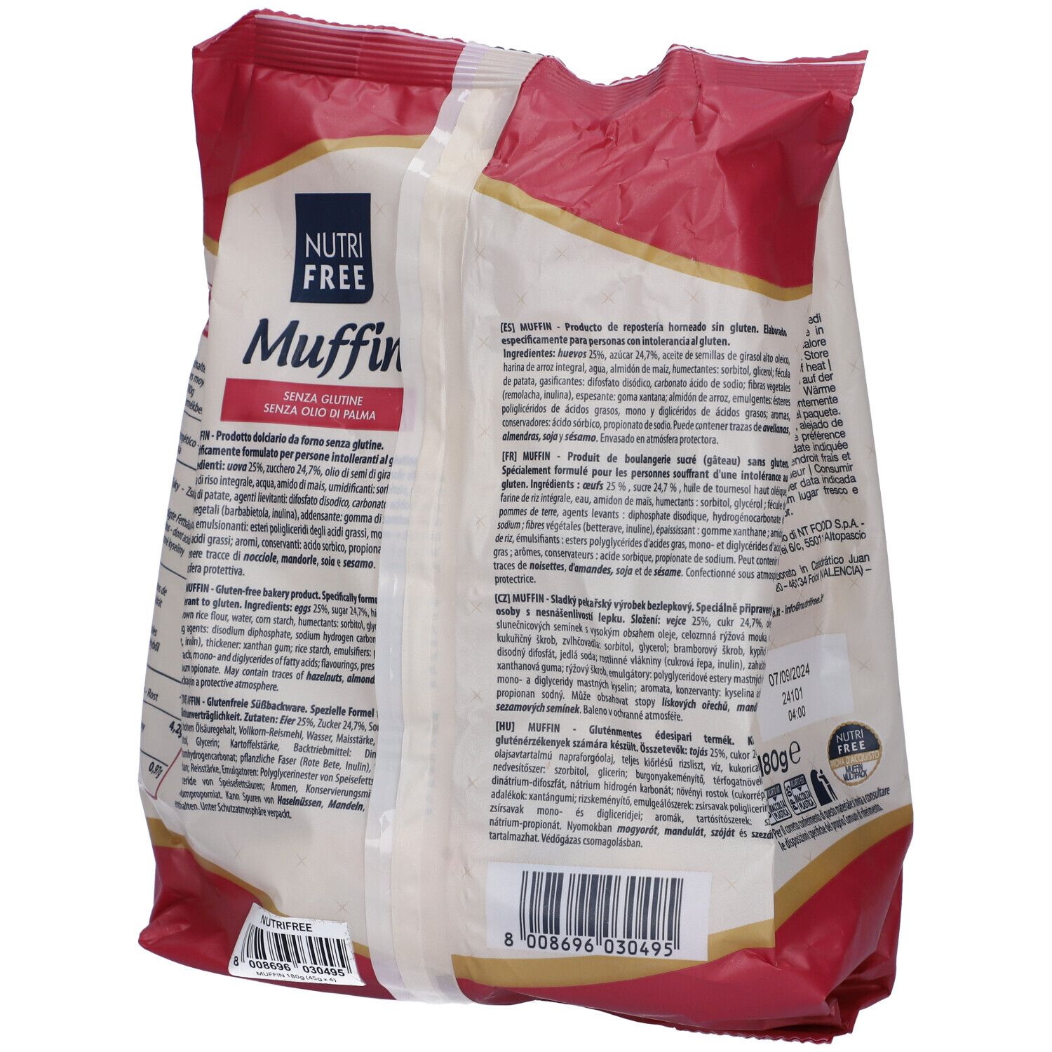 Retro della confezione Nutrifree Muffin. Testo multilingue. 180g. Senza glutine e olio di palma.