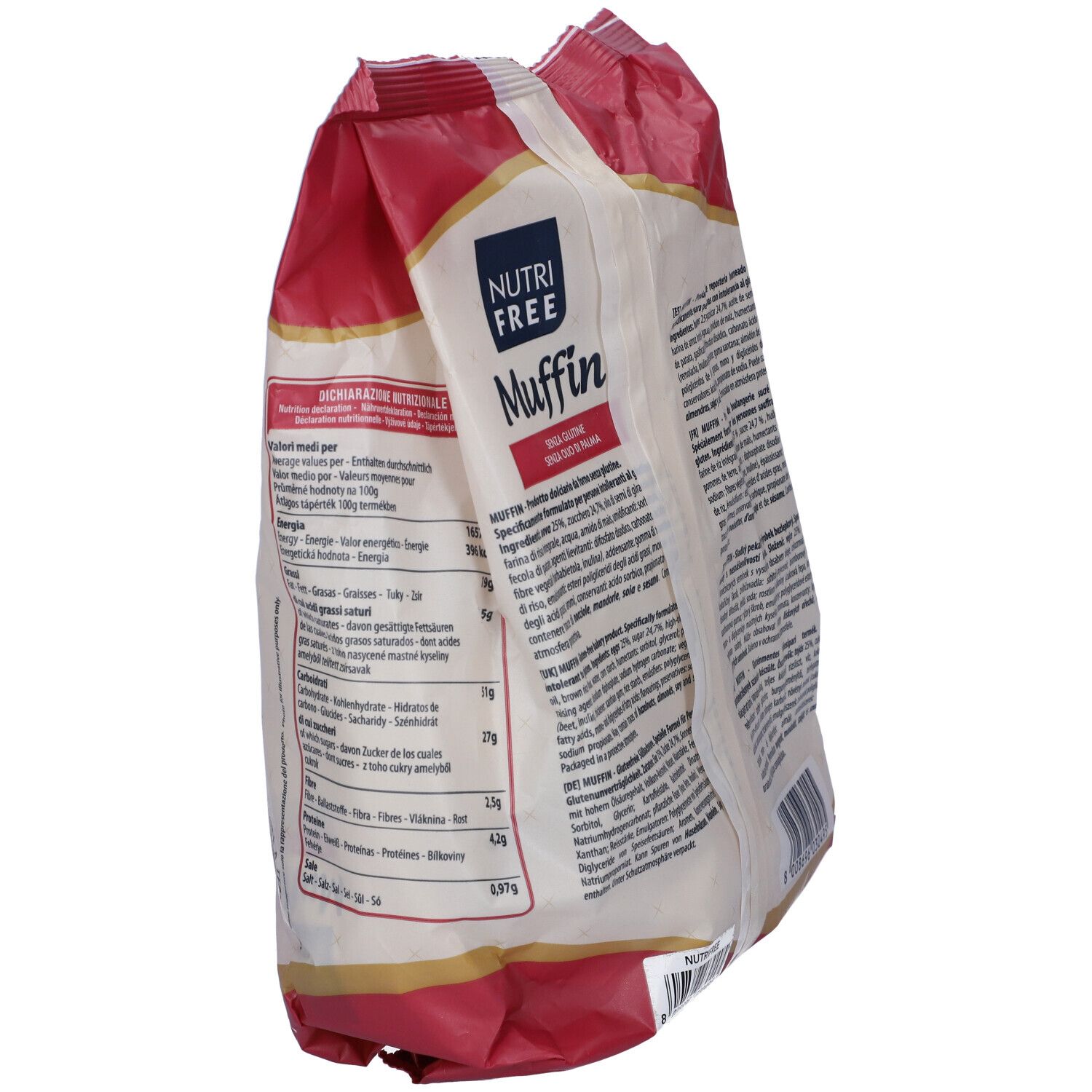 Vista laterale della confezione Nutrifree Muffin. Testo multilingue. 180g. Senza glutine e olio di palma.