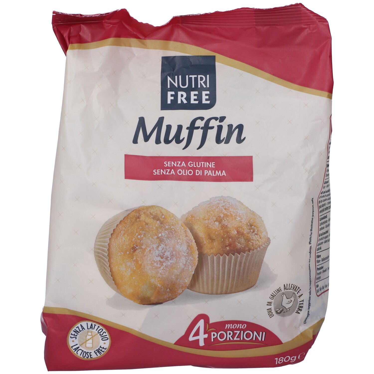 Confezione di muffin. Scritta: Nutrifree Muffin, senza glutine, senza olio di palma. 4 mono porzioni. 180g.