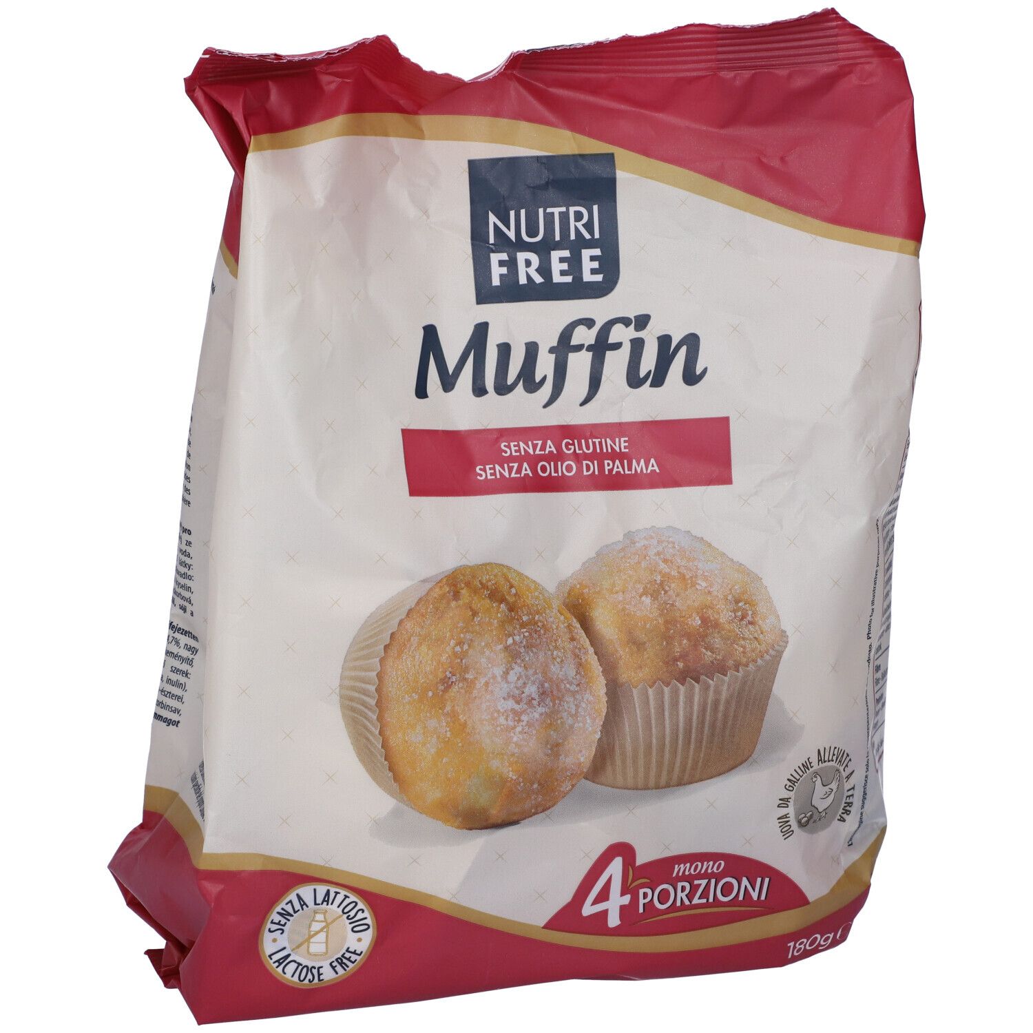 Confezione di muffin. Scritta: Nutrifree Muffin, senza glutine, senza olio di palma. 4 mono porzioni. 180g.