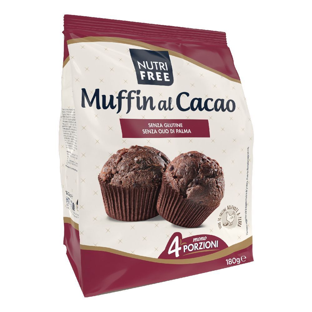 Confezione di muffin al cacao. Scritta: Muffin al Cacao, senza glutine, senza olio di palma. 4 porzioni, 180g.