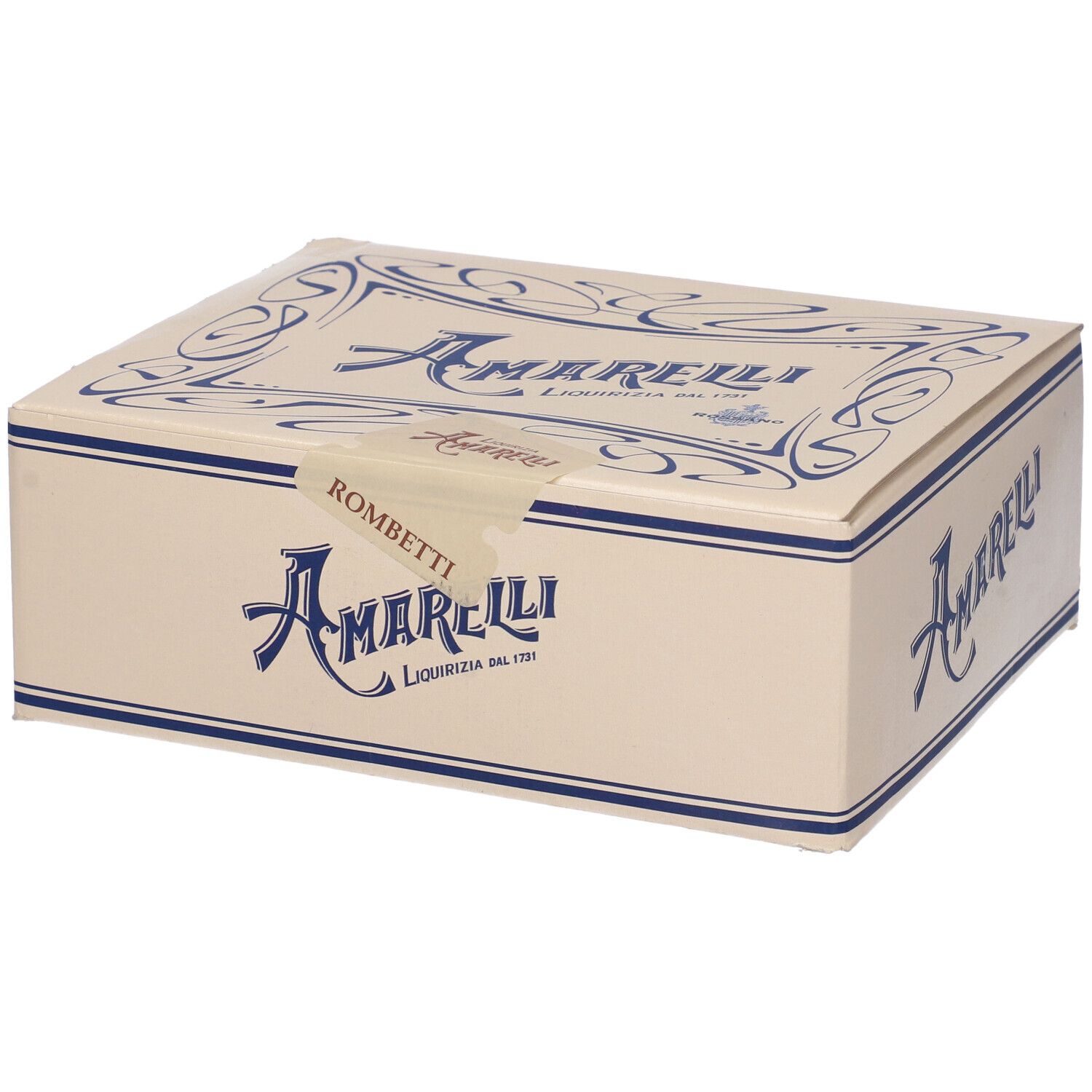 Scatola beige con logo Amarelli blu. Scritto: Rombetti Liquirizia dal 1731.