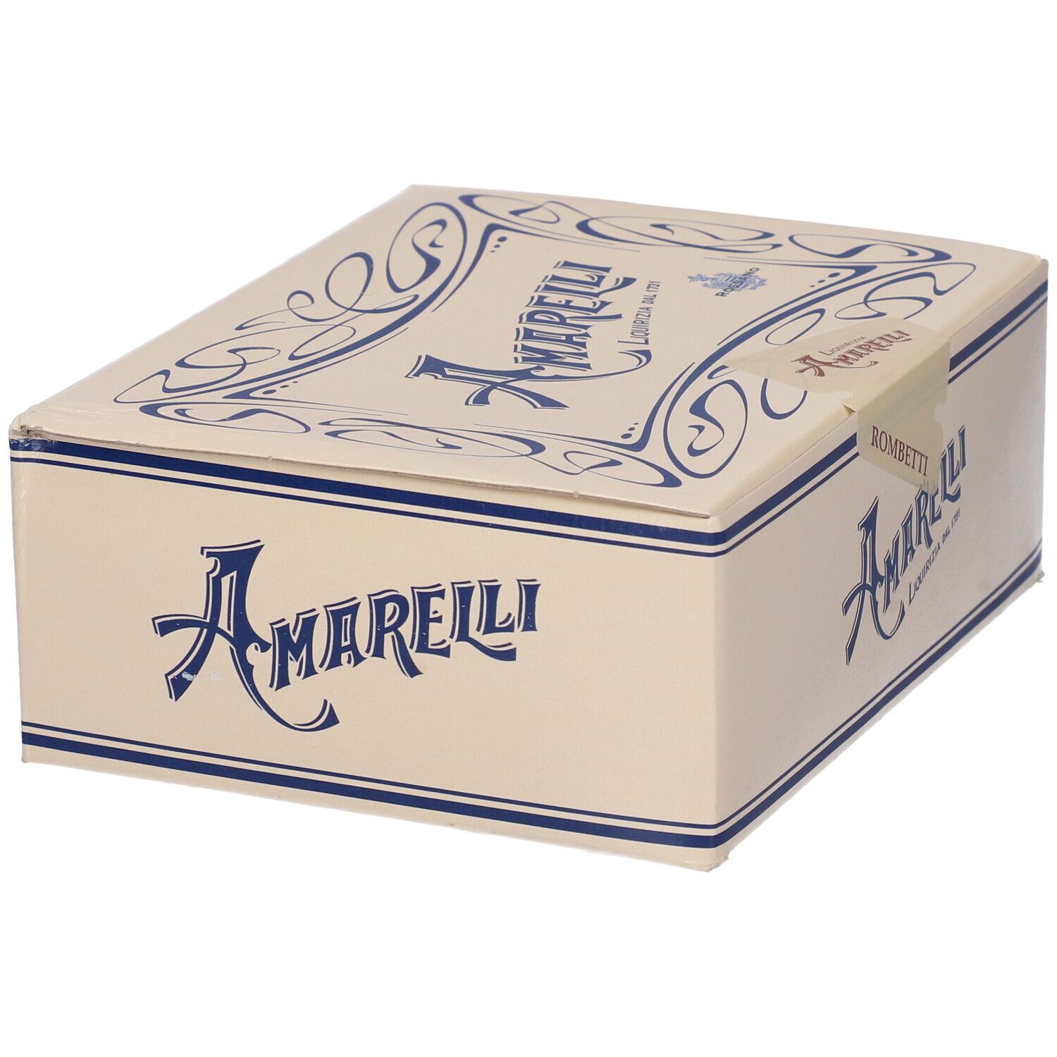 Scatola beige con logo Amarelli blu. Scritto: Rombetti Liquirizia dal 1731.
