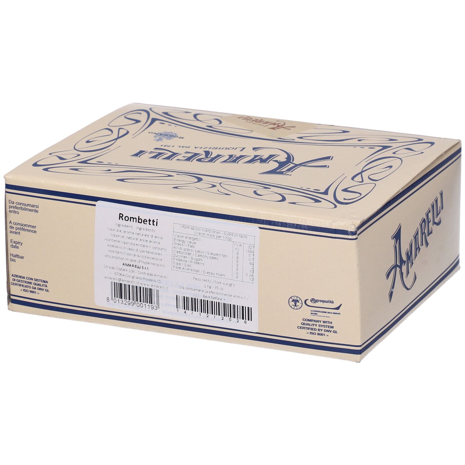 Scatola beige con logo Amarelli blu ed etichetta. Scritto: Rombetti Liquirizia dal 1731.