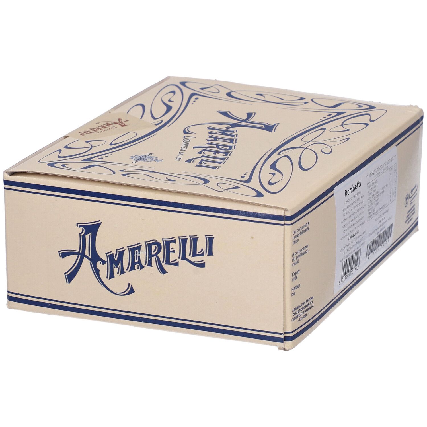 Scatola beige con logo Amarelli blu ed etichetta. Scritto: Rombetti Liquirizia dal 1731.