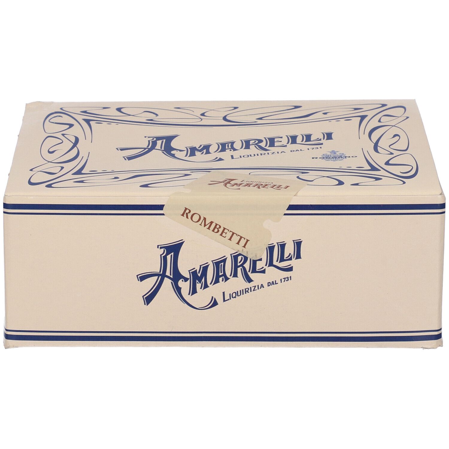 Scatola beige con logo Amarelli blu. Scritto: Rombetti Liquirizia dal 1731.