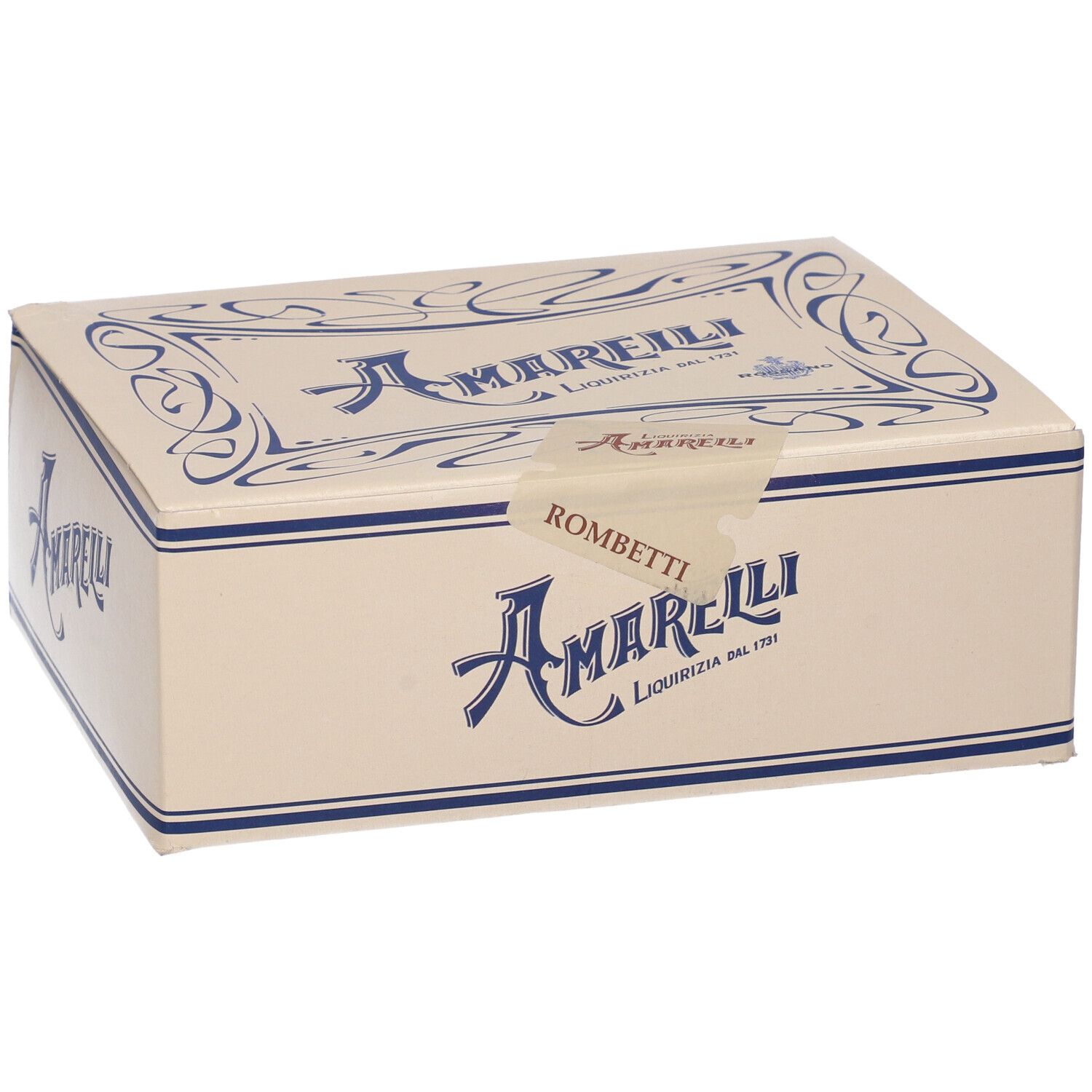 Scatola beige con logo Amarelli blu. Scritto: Rombetti Liquirizia dal 1731.