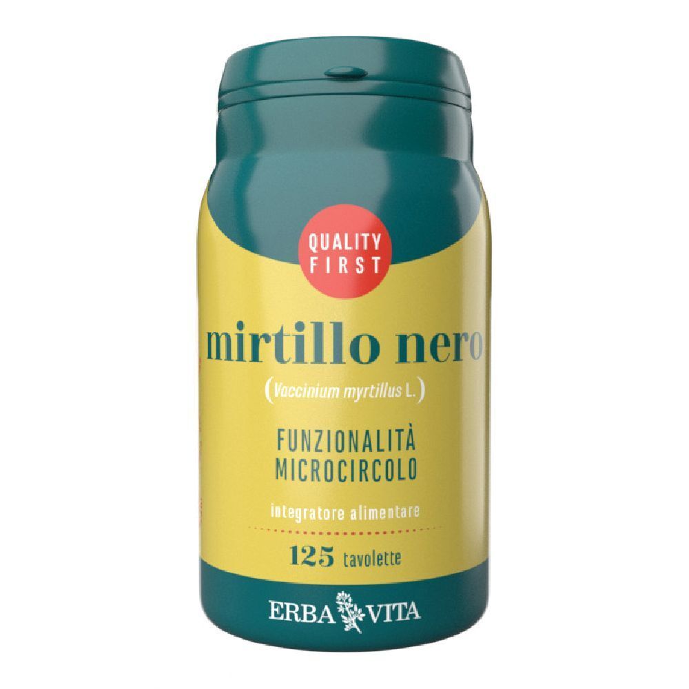 Barattolo verde con etichetta gialla. Scritta: Mirtillo Nero, 125 compresse. Marchio: ERBA VITA. Sigillo di qualità.