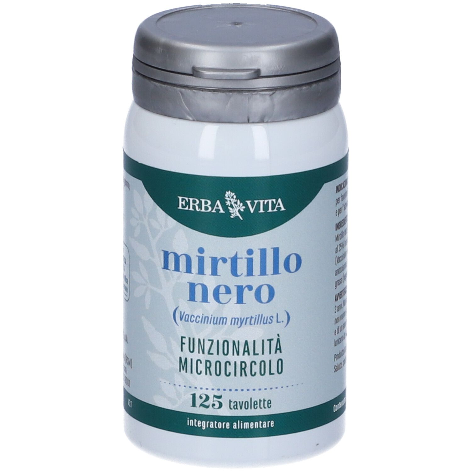 Contenitore bianco con coperchio argentato. Scritta: Mirtillo Nero, 125 compresse. Marchio: ERBA VITA.