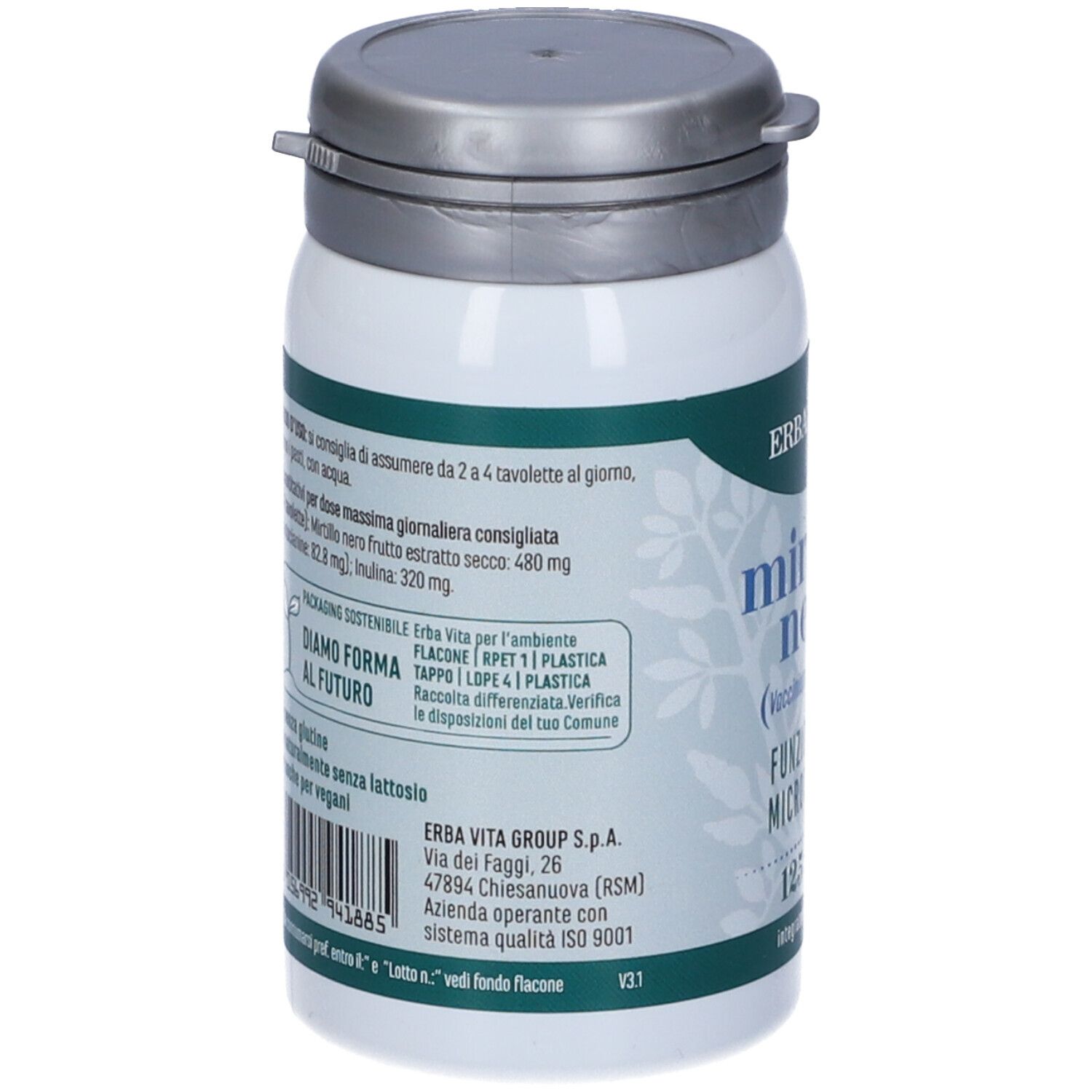 Contenitore bianco, retro. Testo: ingredienti, modo d'uso. Marchio: ERBA VITA. ISO 9001.