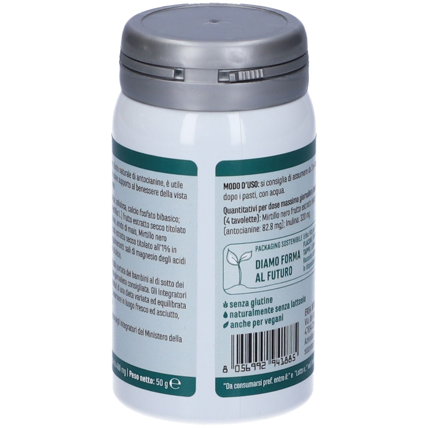 Contenitore bianco, retro. Testo: modo d'uso, ingredienti. Senza glutine, vegano.
