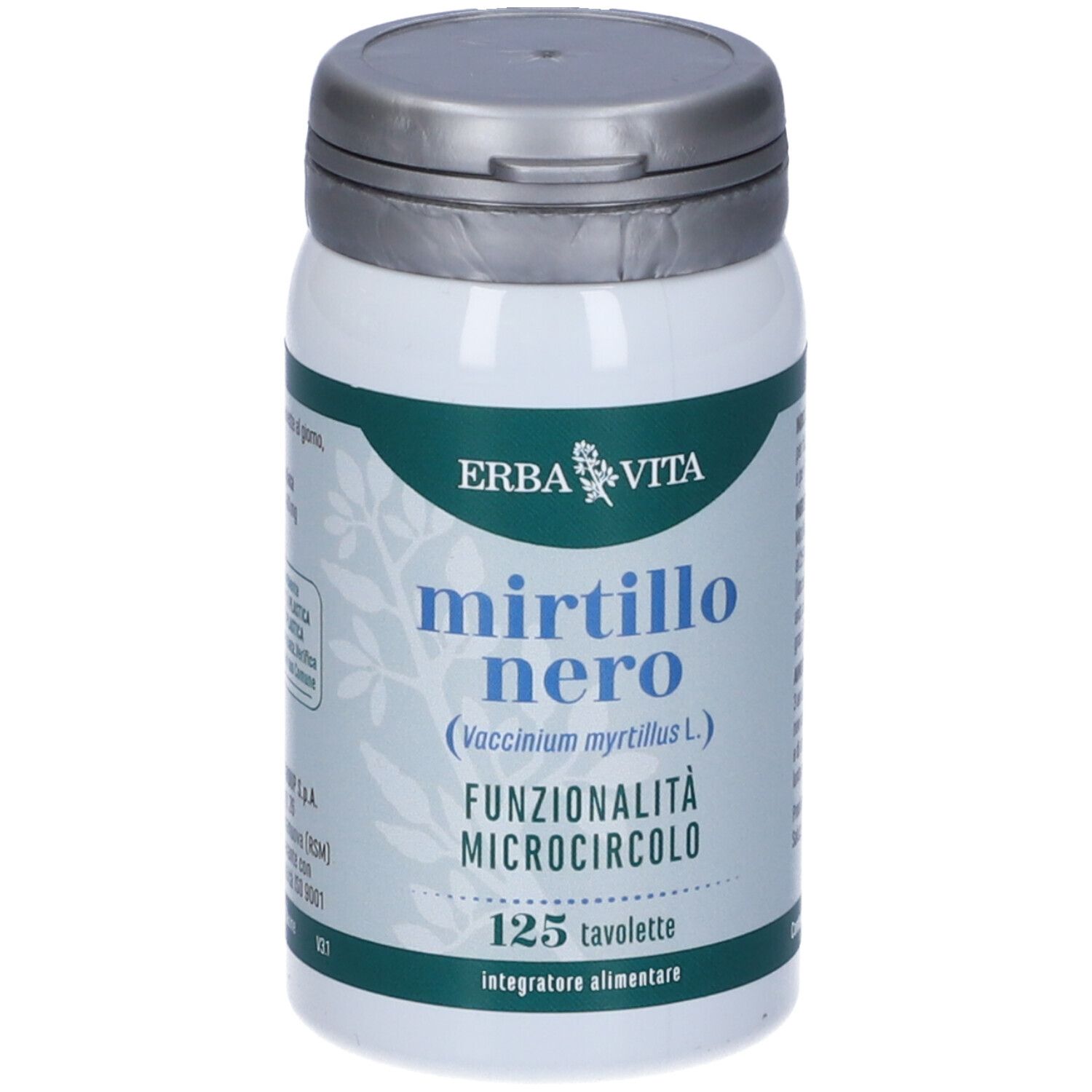 Contenitore bianco con coperchio argentato. Scritta: Mirtillo Nero, 125 compresse. Marchio: ERBA VITA.