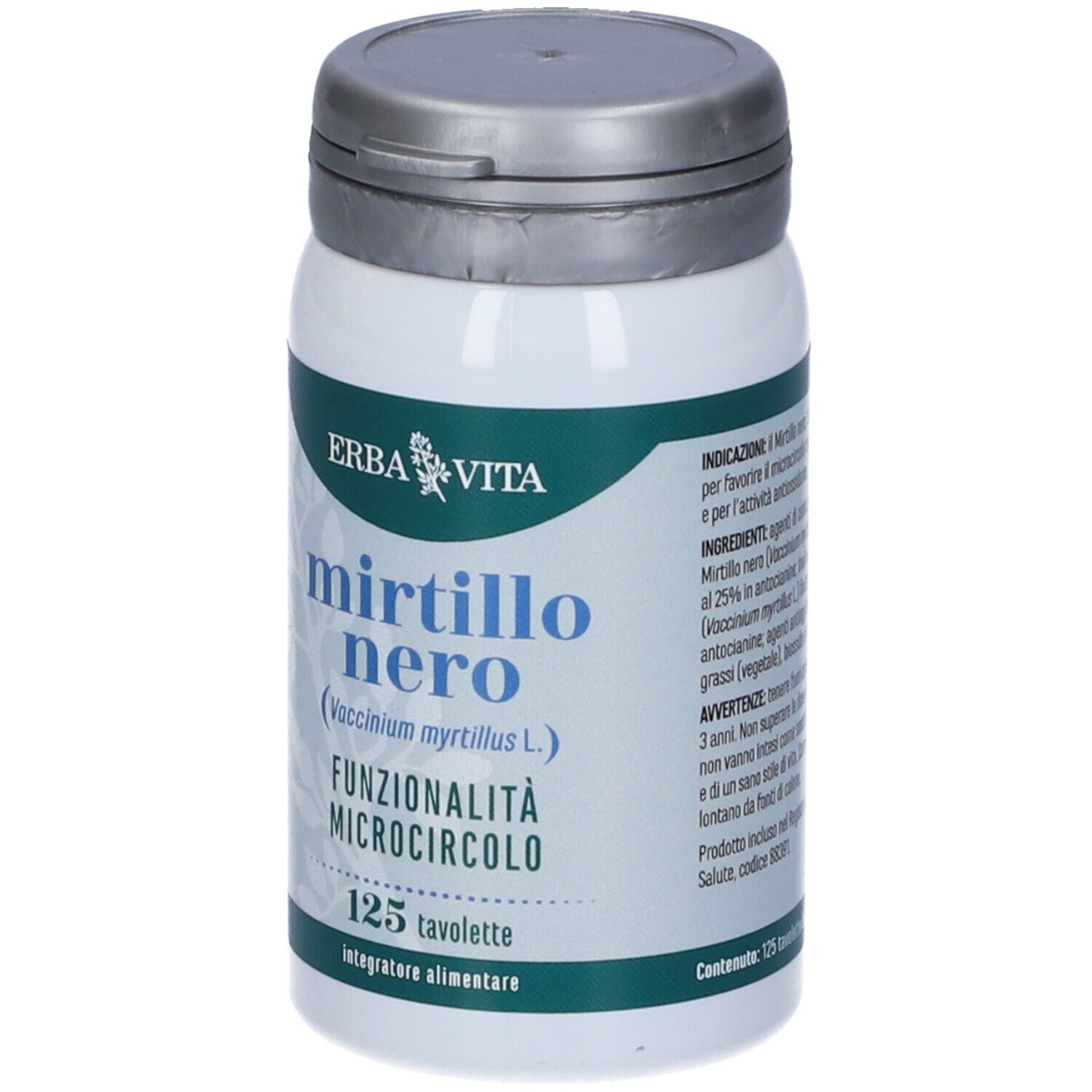 Contenitore bianco con coperchio argentato. Scritta: Mirtillo Nero, 125 compresse. Marchio: ERBA VITA.