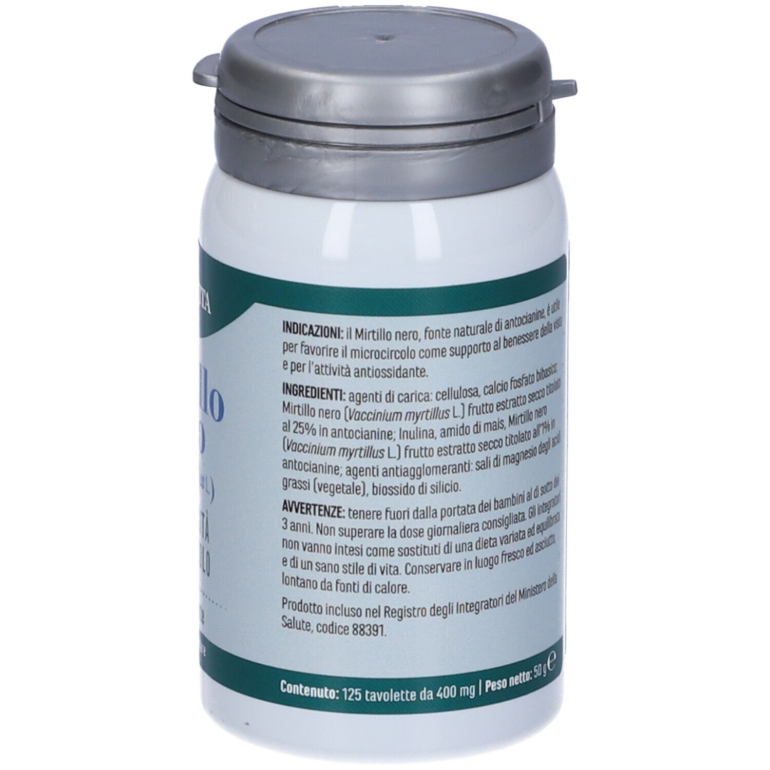 Contenitore bianco con coperchio argentato. Scritta: Mirtillo Nero, 125 compresse. Marchio: ERBA VITA.