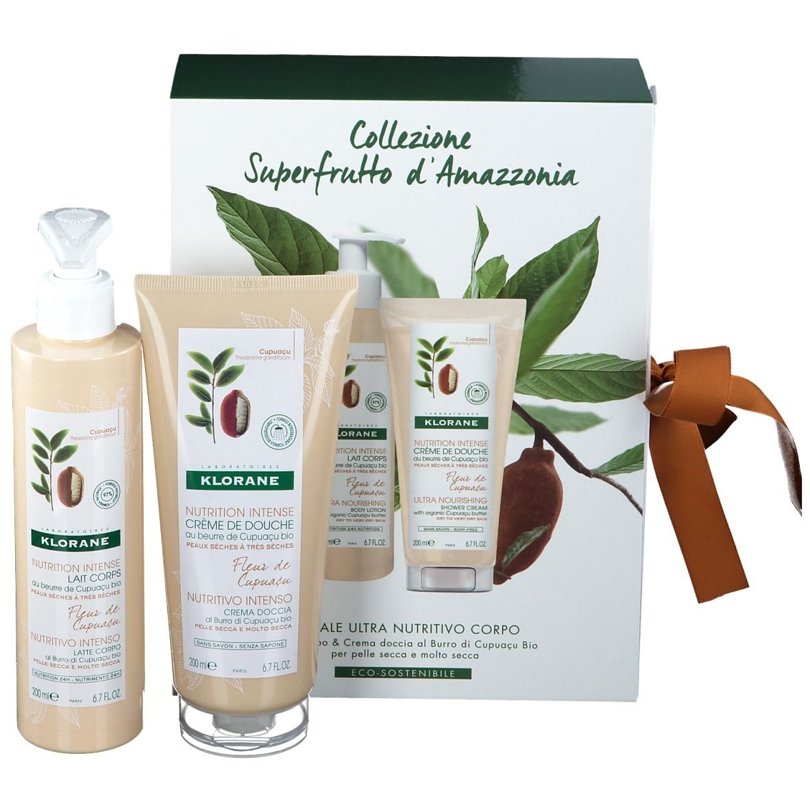 Geschenkset mit drei Produkten. Aufschrift: 'Collezione Superfrutto d'Amazzonia'. Produkte von KLORANE.