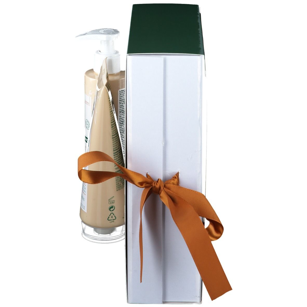 Geschenkbox mit zwei Produkten. Braune Schleife. Produkte von KLORANE.